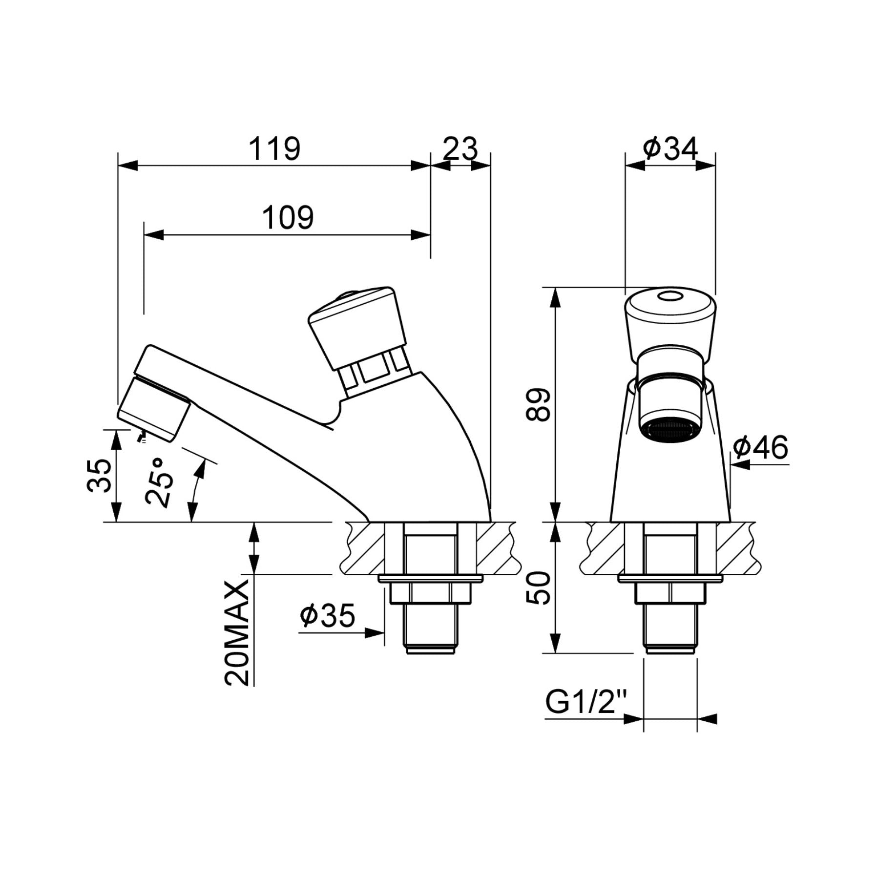 Single water timed sink tap with push-button control, integrated aerator, anti-vandal protection and adjustable flow options for commercial and public washrooms in UAE.