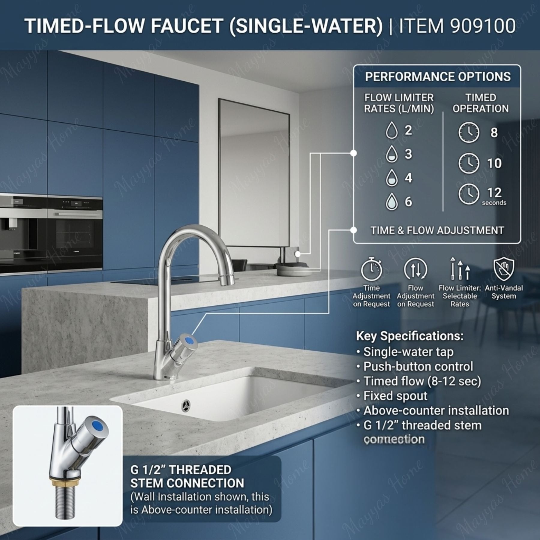 Single water timed washbasin tap with fixed spout, push-button control and anti-vandal protection. Ideal for UAE commercial, hospitality and public washrooms.
