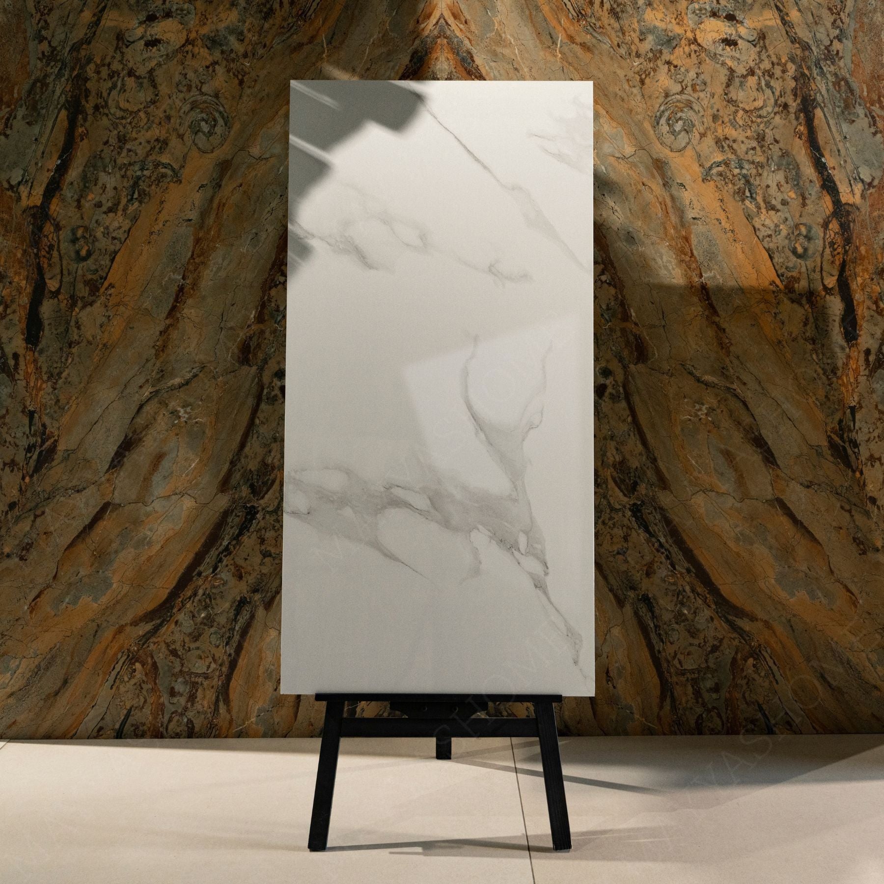 Smoke Statuario glossy marble porcelain tile 60x120cm with 9mm thickness features white base, smoky grey veining and polished finish.