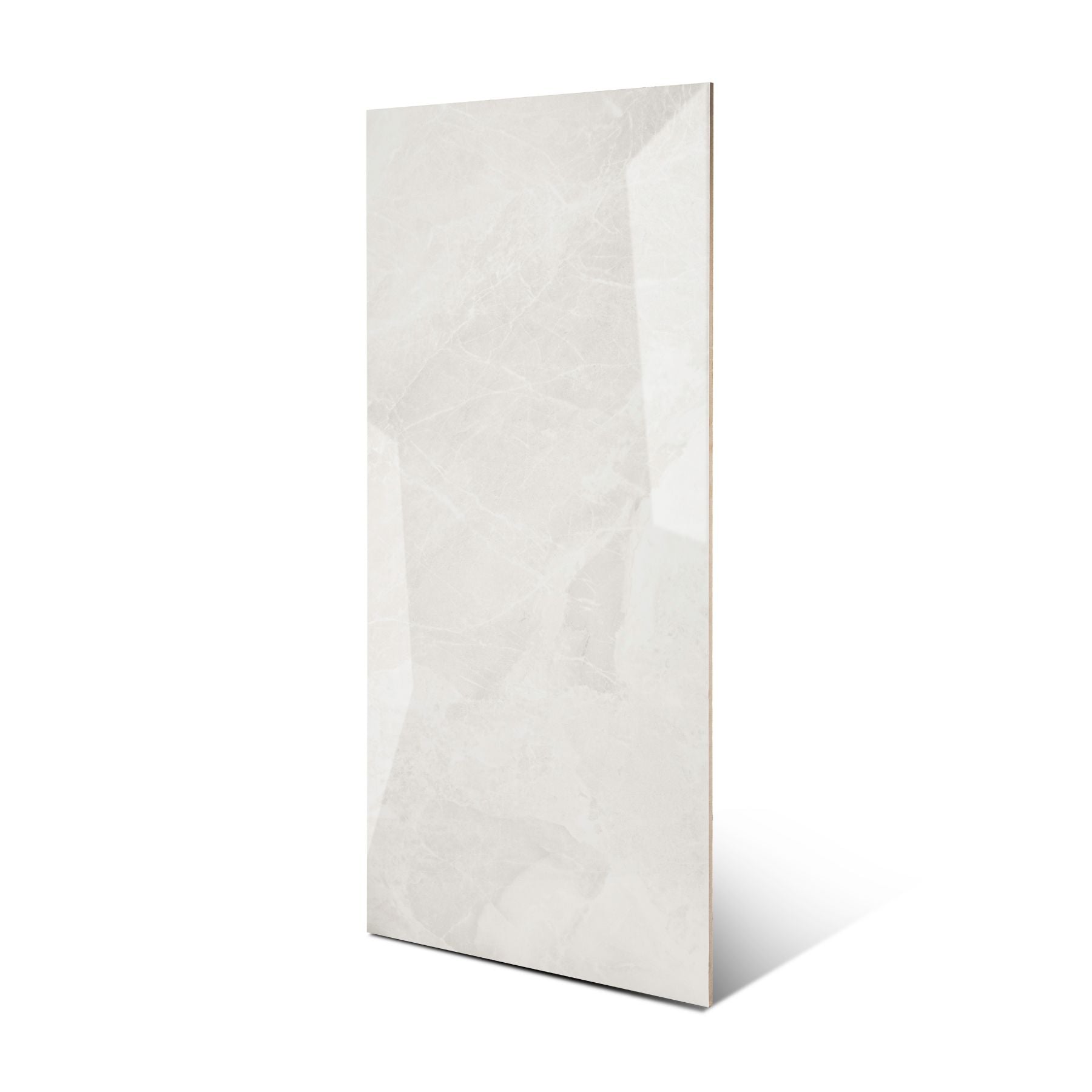 Sparkle Bianco glossy marble effect porcelain tile 60x120cm with 9mm thickness features bright white base, subtle grey veining and polished finish.