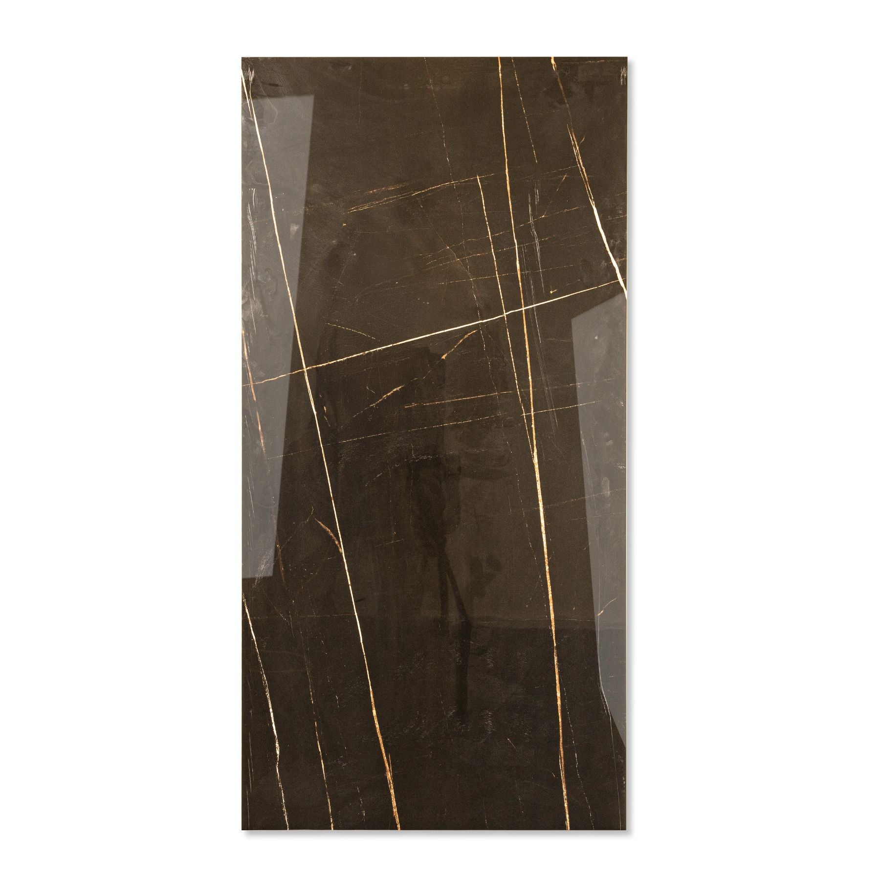 St Laurent glossy marble effect porcelain tile 60x120cm with 9mm thickness features black base with gold veining and polished finish.