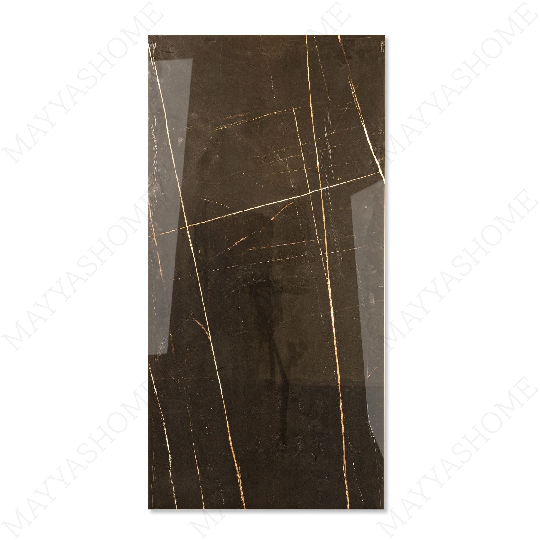 St Laurent glossy marble effect porcelain tile 60x120cm with 9mm thickness features black base with gold veining and polished finish.