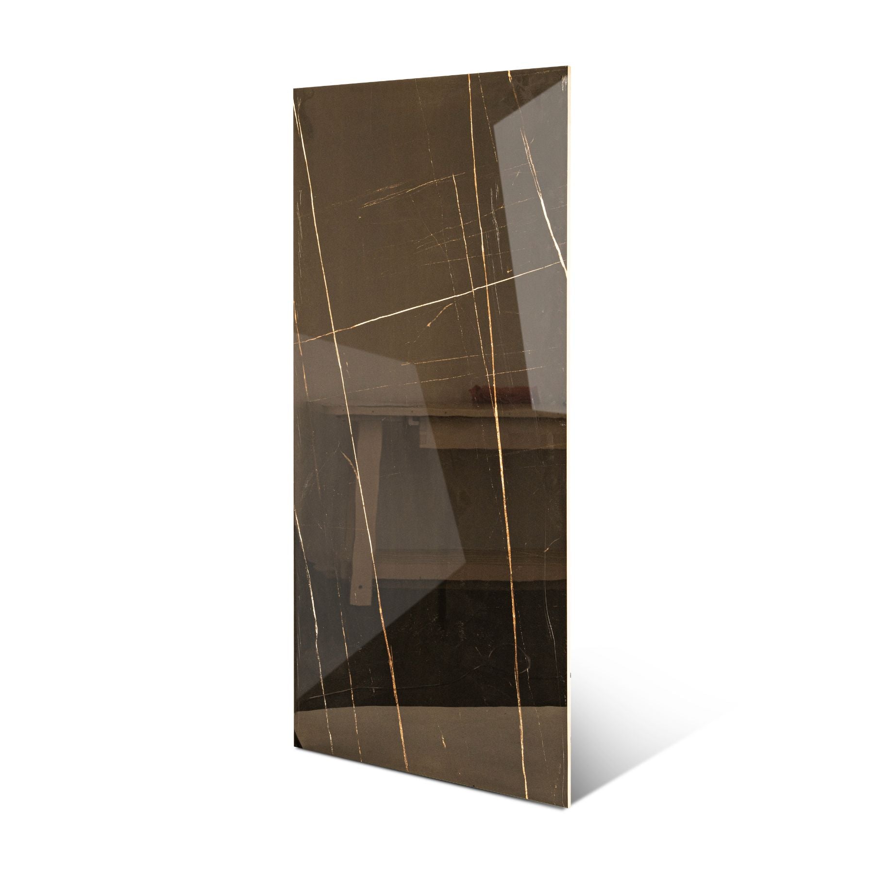 St Laurent glossy marble effect porcelain tile 60x120cm with 9mm thickness features black base with gold veining and polished finish.