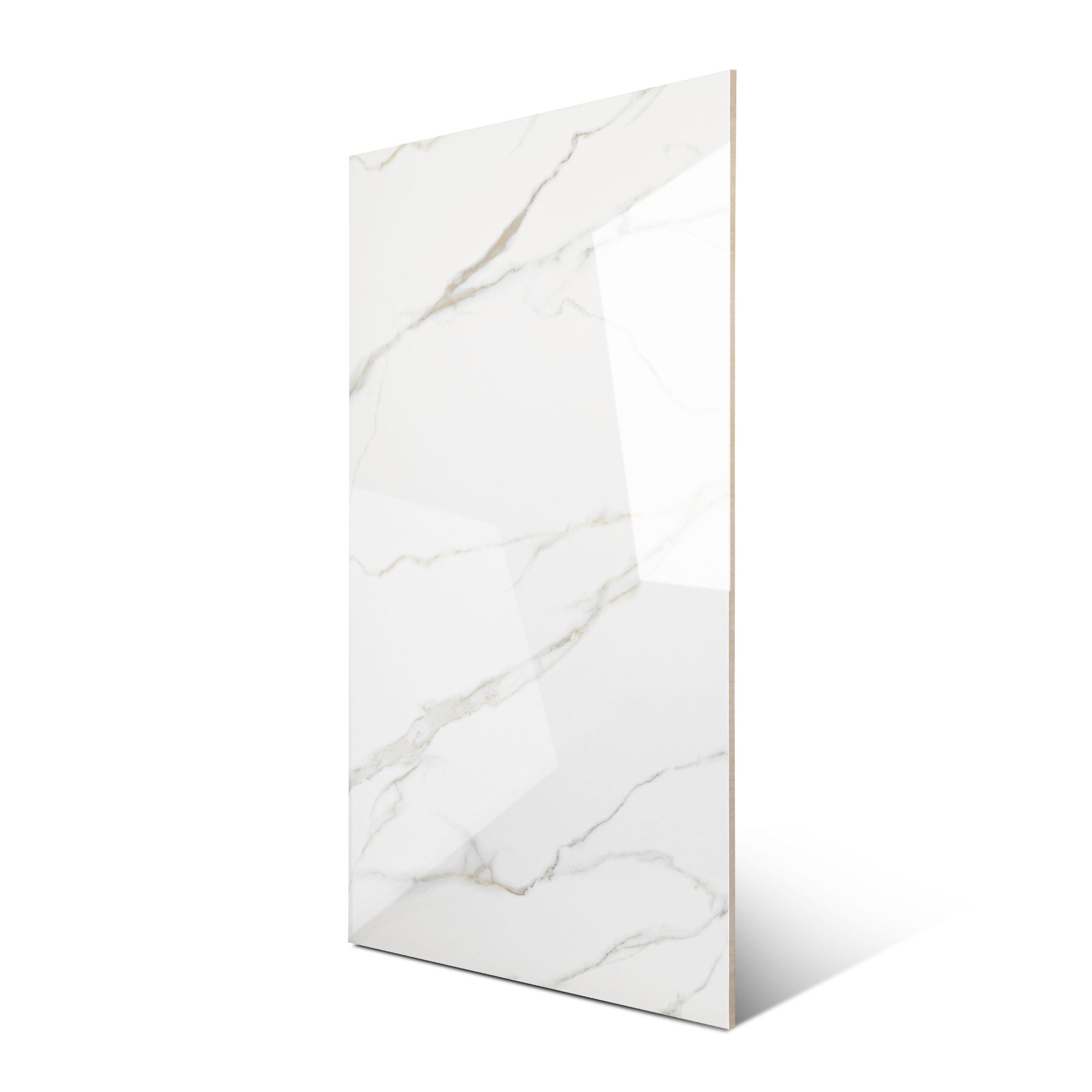 Statuario Austral glossy marble look porcelain tile 60x120cm with 9mm thickness offers bold veining, polished shine, and luxury appeal.