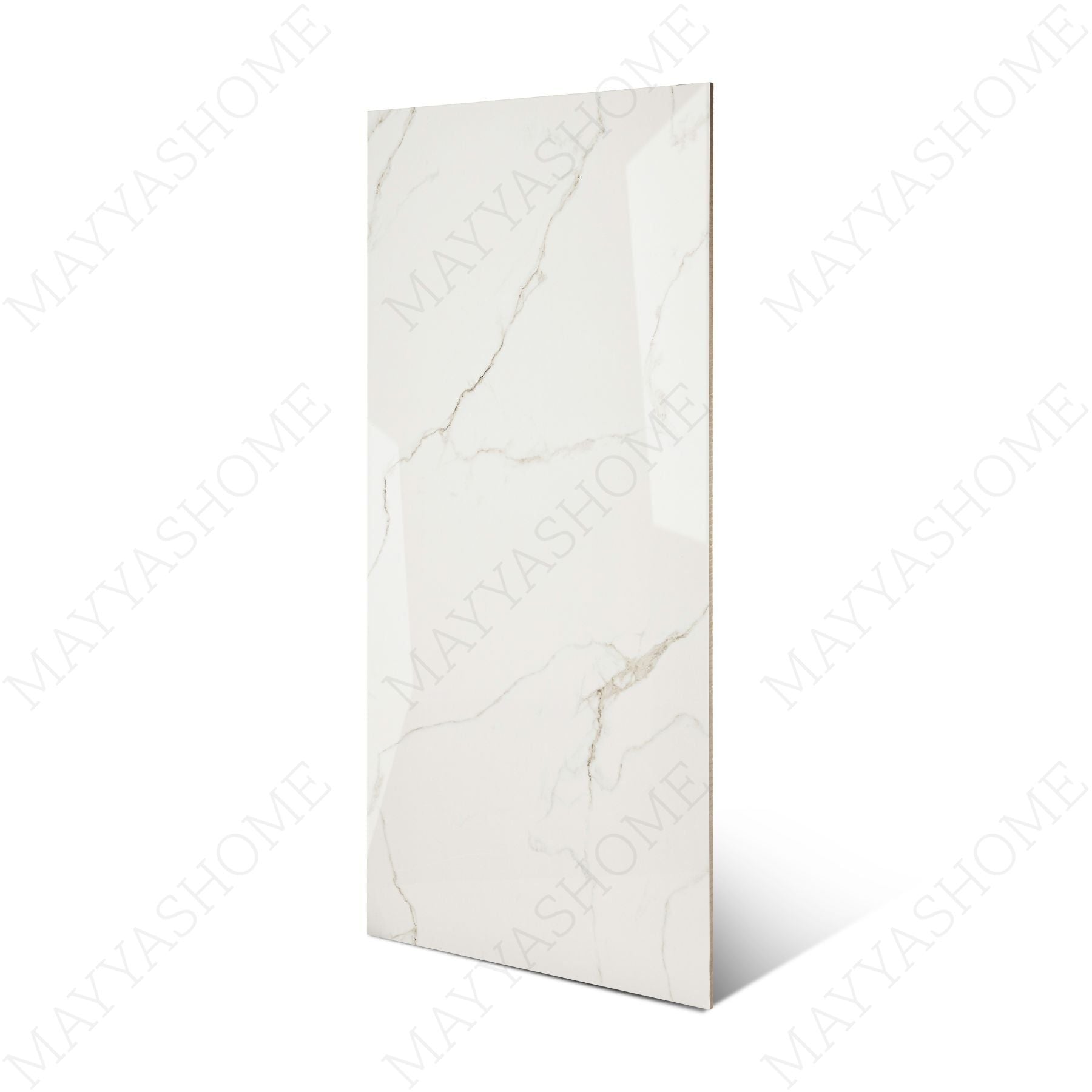 Statuario Ocean glossy marble effect porcelain tile 60x120cm with 9mm thickness features white base, soft grey veining, subtle ocean tones and polished finish.