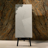 Statuario Pulido matt marble effect porcelain tile 60x120cm with 9mm thickness features white base, soft grey veining and smooth finish.