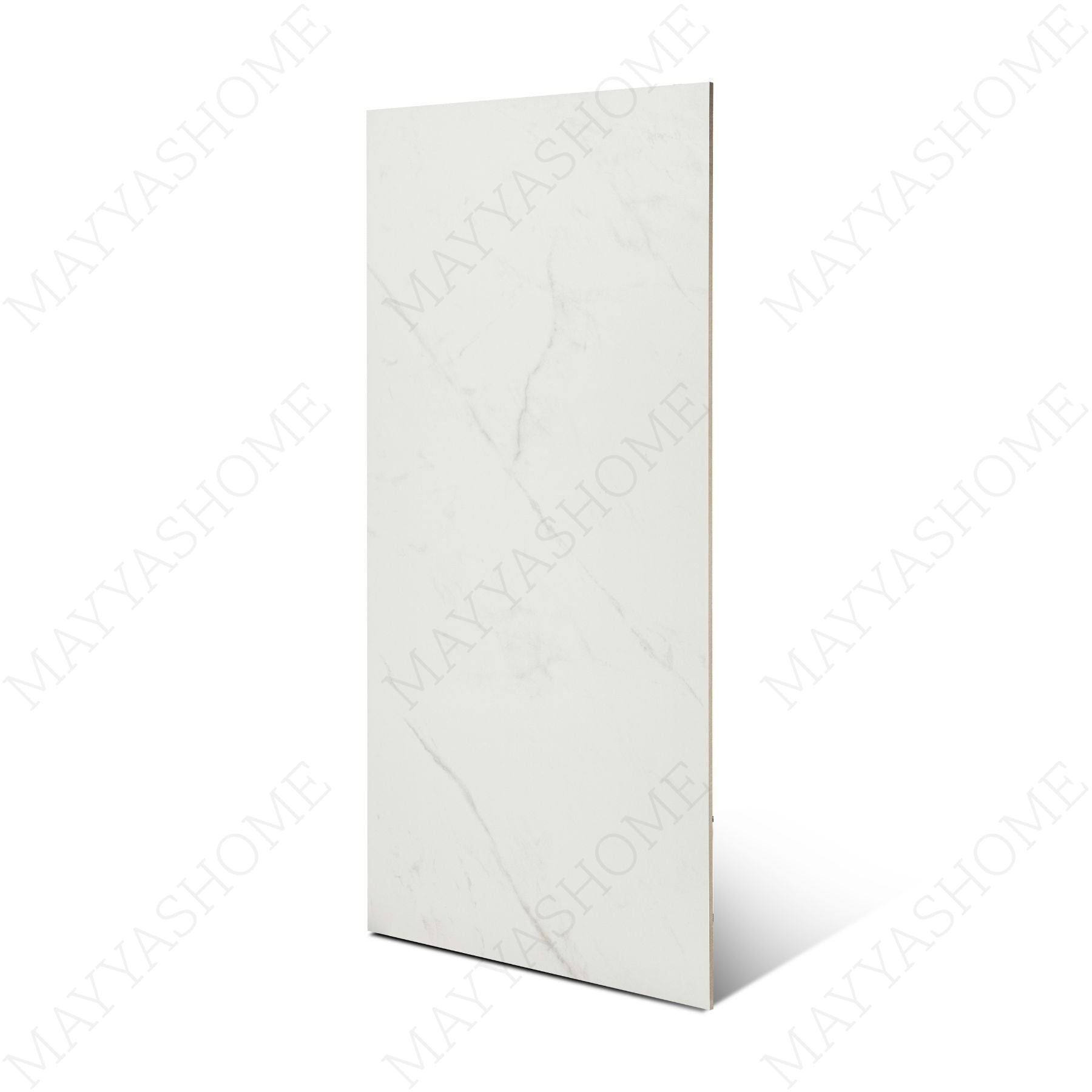 Statuario Pulido matt marble effect porcelain tile 60x120cm with 9mm thickness features white base, soft grey veining and smooth finish.