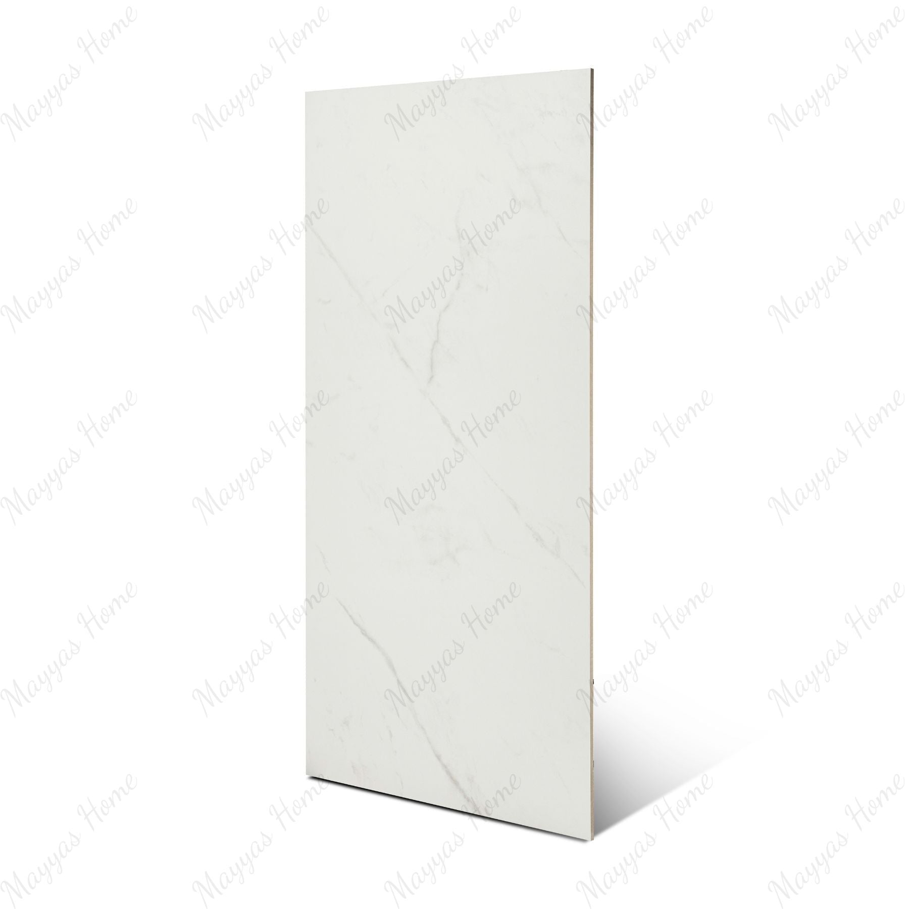 Statuario Pulido matt marble effect porcelain tile 60x120cm with 9mm thickness features white base, soft grey veining and smooth finish.