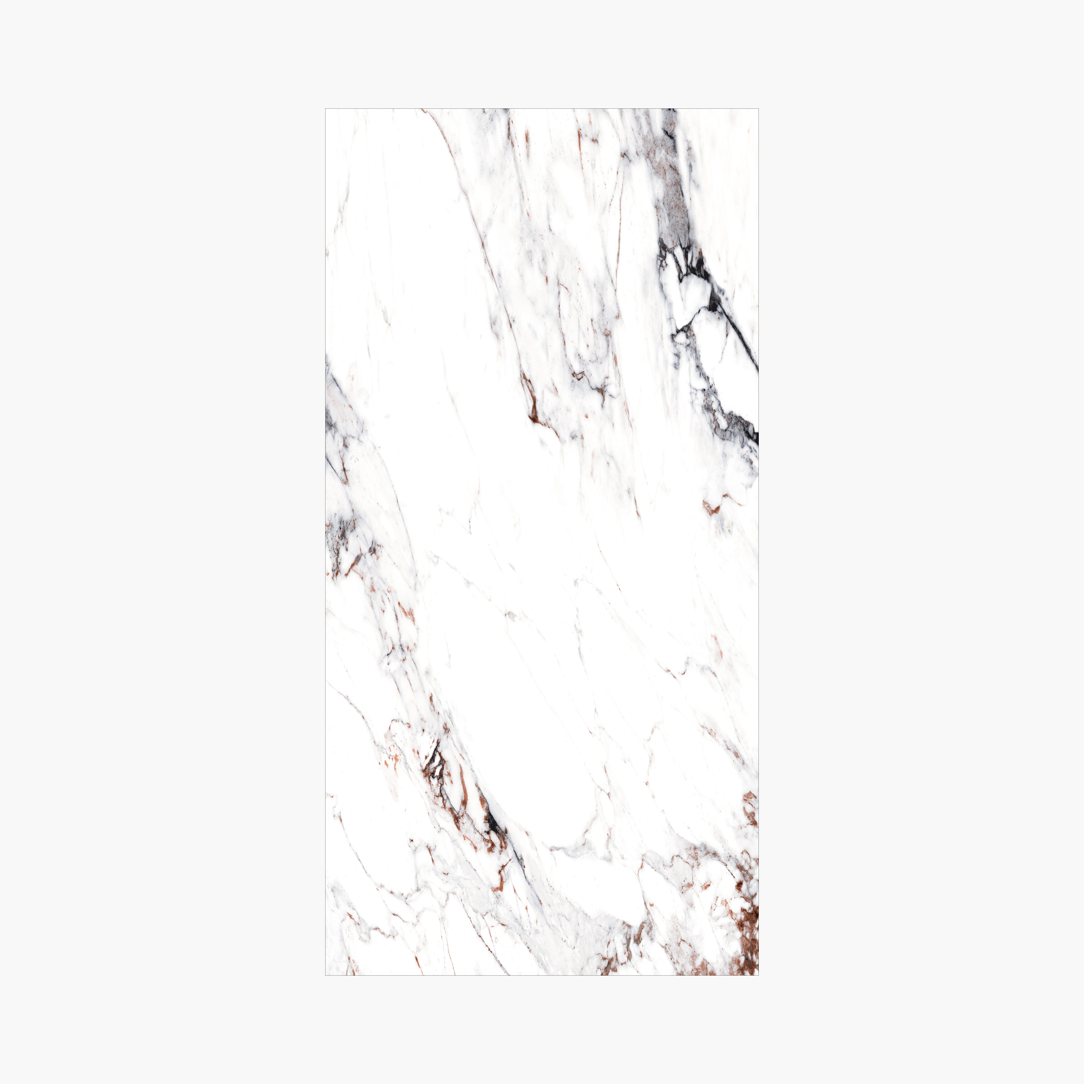 Statuario Rena 120x240cm glossy tile with grey veining on a white base. Durable and elegant, perfect for walls, floors, and modern luxury interiors.