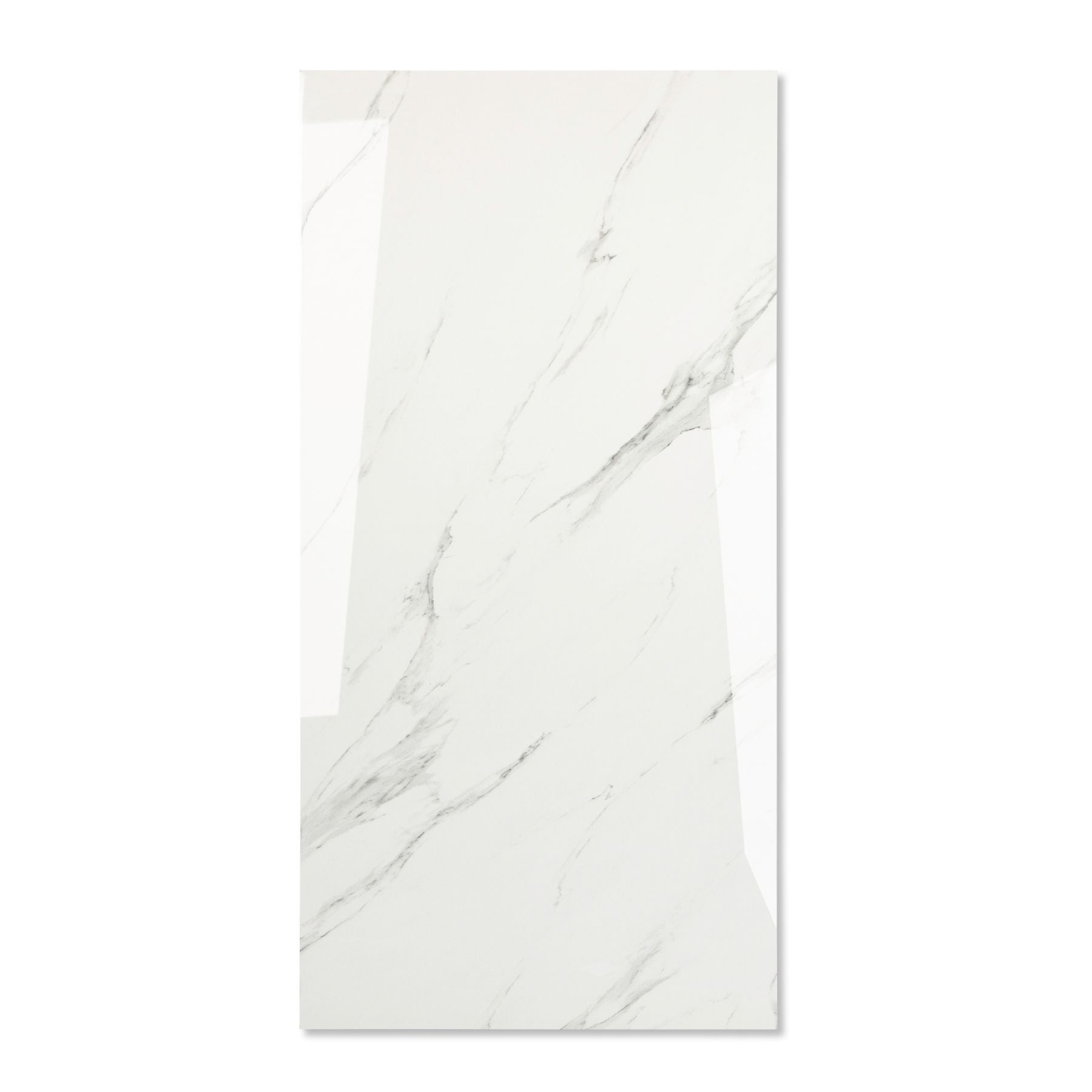 Statuario glossy marble effect porcelain tile 60x120cm with 9mm thickness features bold grey veining, polished shine, and a timeless luxury look for floors and walls.