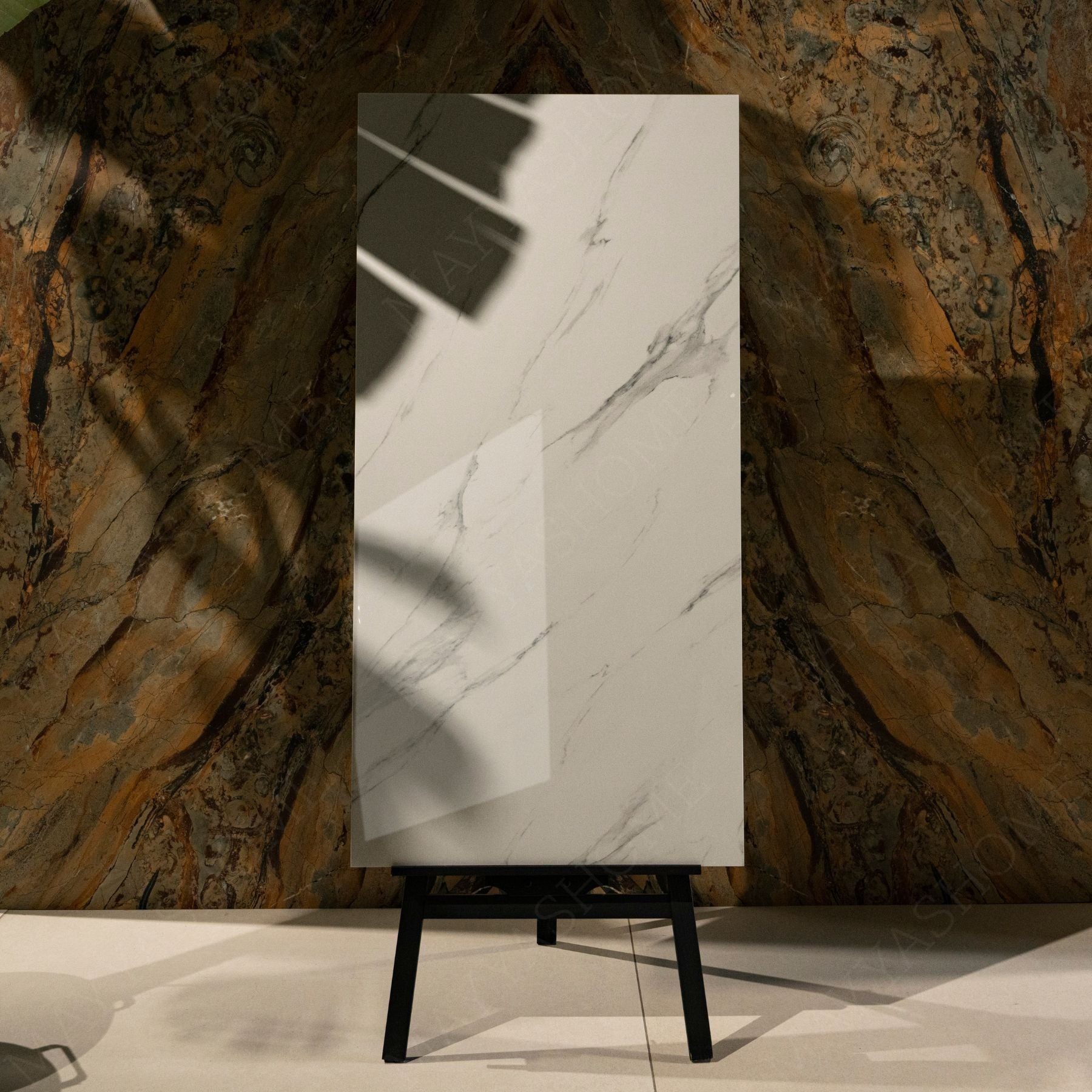 Statuario glossy marble effect porcelain tile 60x120cm with 9mm thickness features bold grey veining, polished shine, and a timeless luxury look for floors and walls.