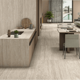 TRAVERTINO 120x278cm travertine look tile with natural textures and a sleek matt finish. A premium large format tile for elegant and timeless interiors.