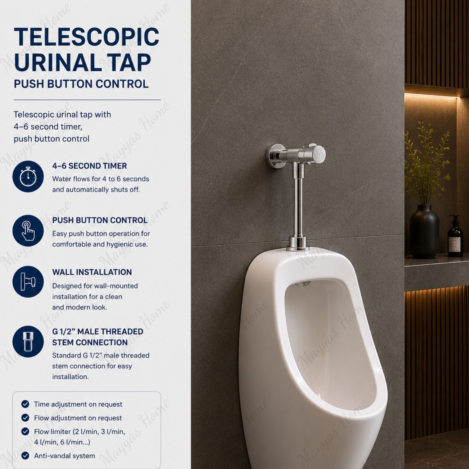 Telescopic timed urinal tap with 4–6 second flush, push-button control and anti-vandal protection. Ideal for commercial and public washrooms across UAE.