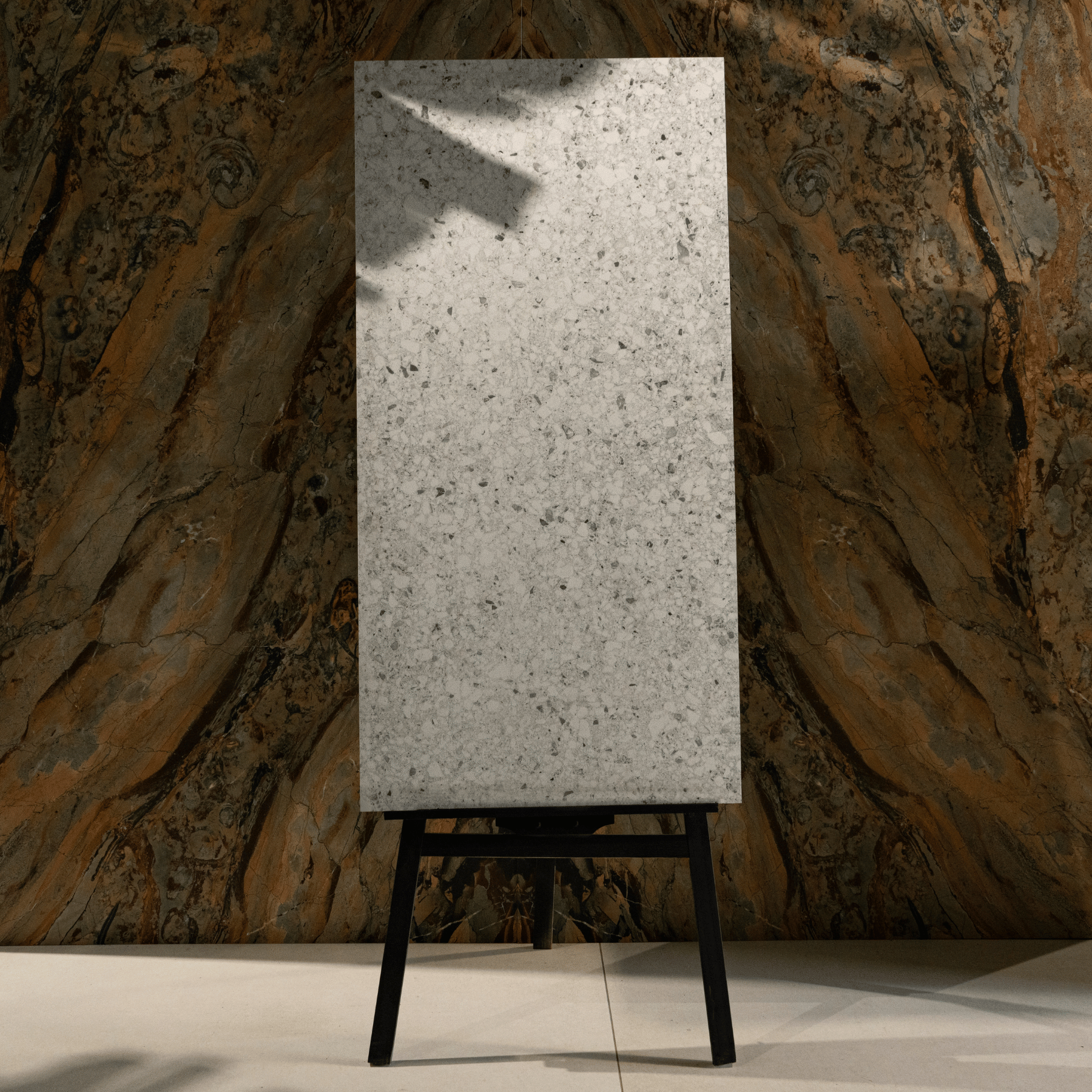 Terrazo Bianco porcelain tile 60x120cm 20mm thickness, terrazzo look design, durable porcelain tile for indoor and outdoor floors.
