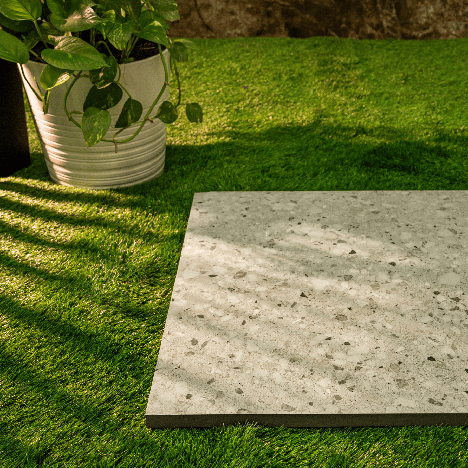 Terrazo Crema porcelain tile 60x120cm 20mm thickness, terrazzo look design, durable porcelain tile for indoor and outdoor floors.