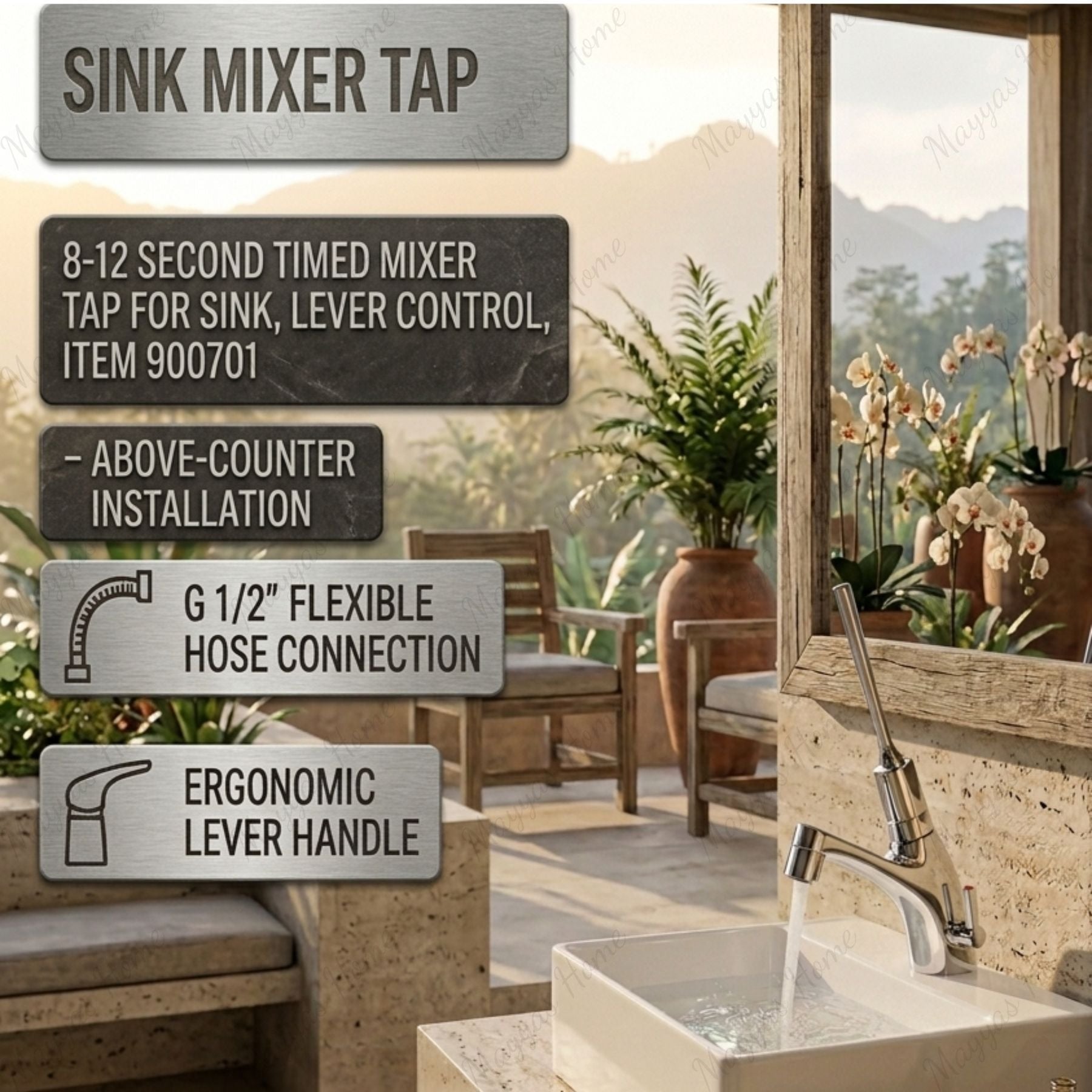 Timed sink mixer tap with 8–12 second lever control operation and chrome finish. Ideal for UAE commercial, hospitality, healthcare and public washroom applications.