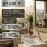 Timed sink mixer tap with 8–12 second lever control operation and chrome finish. Ideal for UAE commercial, hospitality, healthcare and public washroom applications.