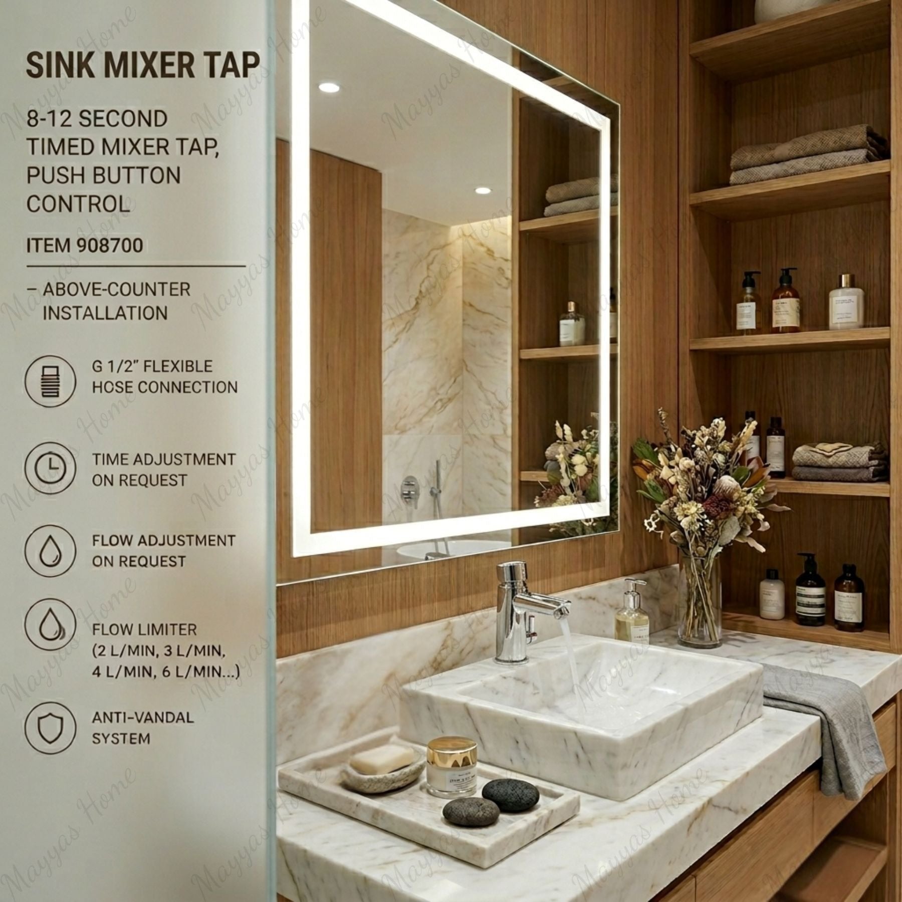 Timed sink mixer tap with 8–12 second push-button operation and anti-vandal protection. Ideal for UAE commercial and public washrooms.