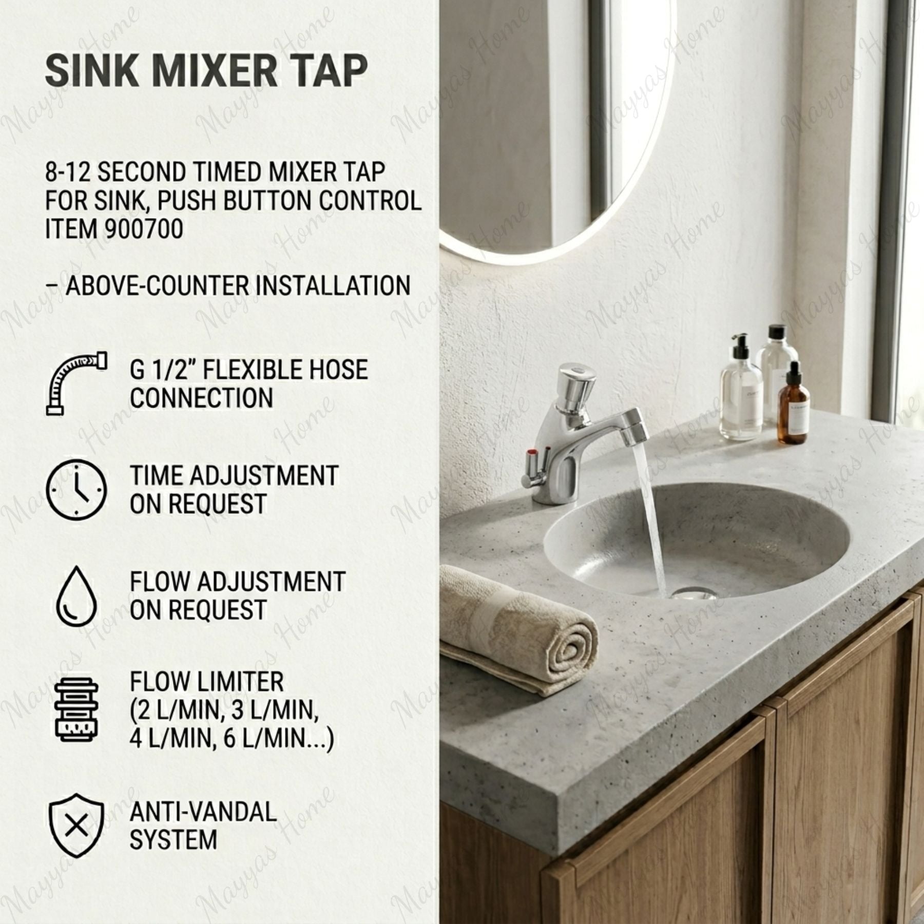 Timed sink mixer tap with push-button control, anti-vandal protection and water-saving performance. Ideal for UAE commercial and public washrooms.