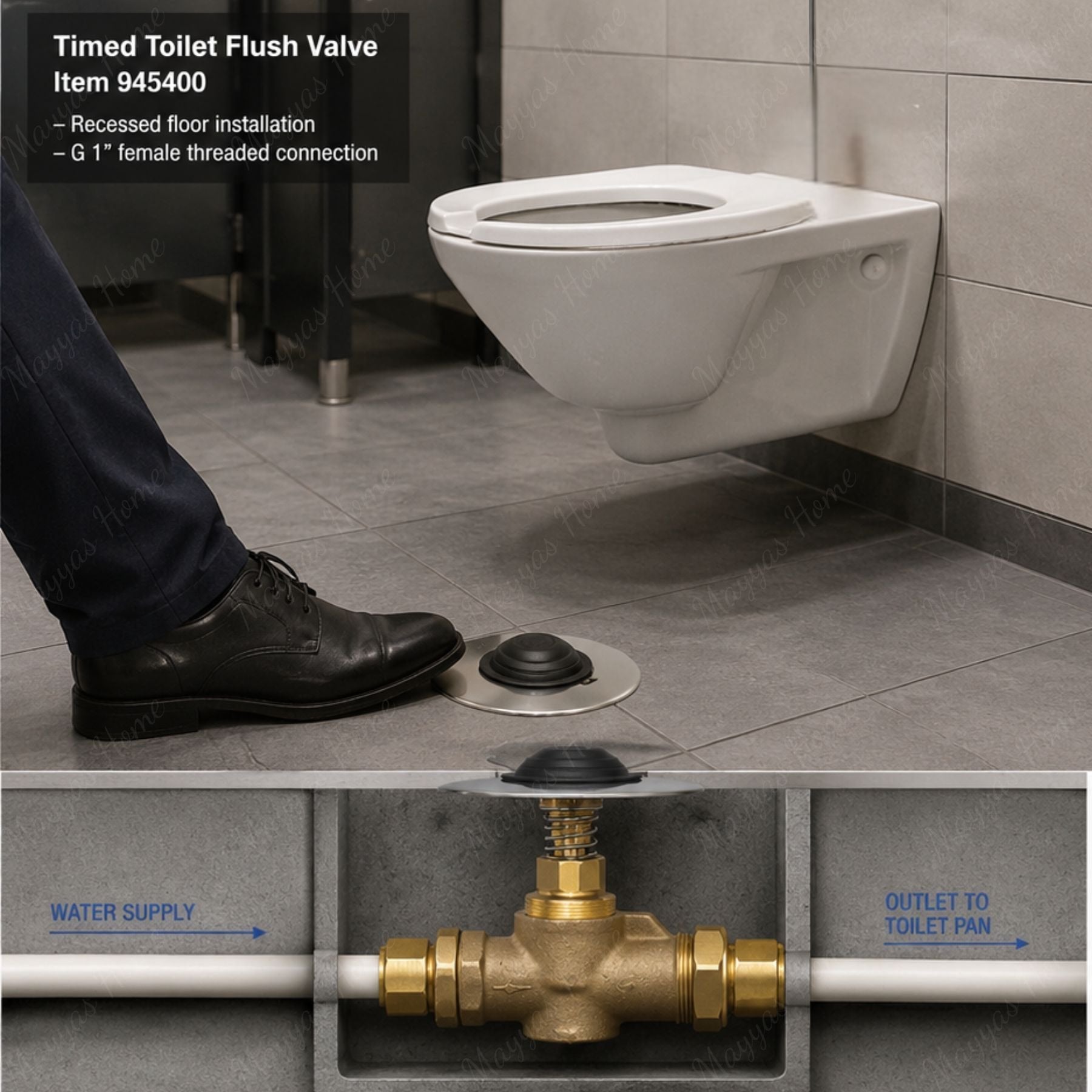 Timed toilet flush valve with hygienic foot pedal control and recessed floor installation. Ideal for UAE healthcare, hospitality, commercial and public washroom applications.