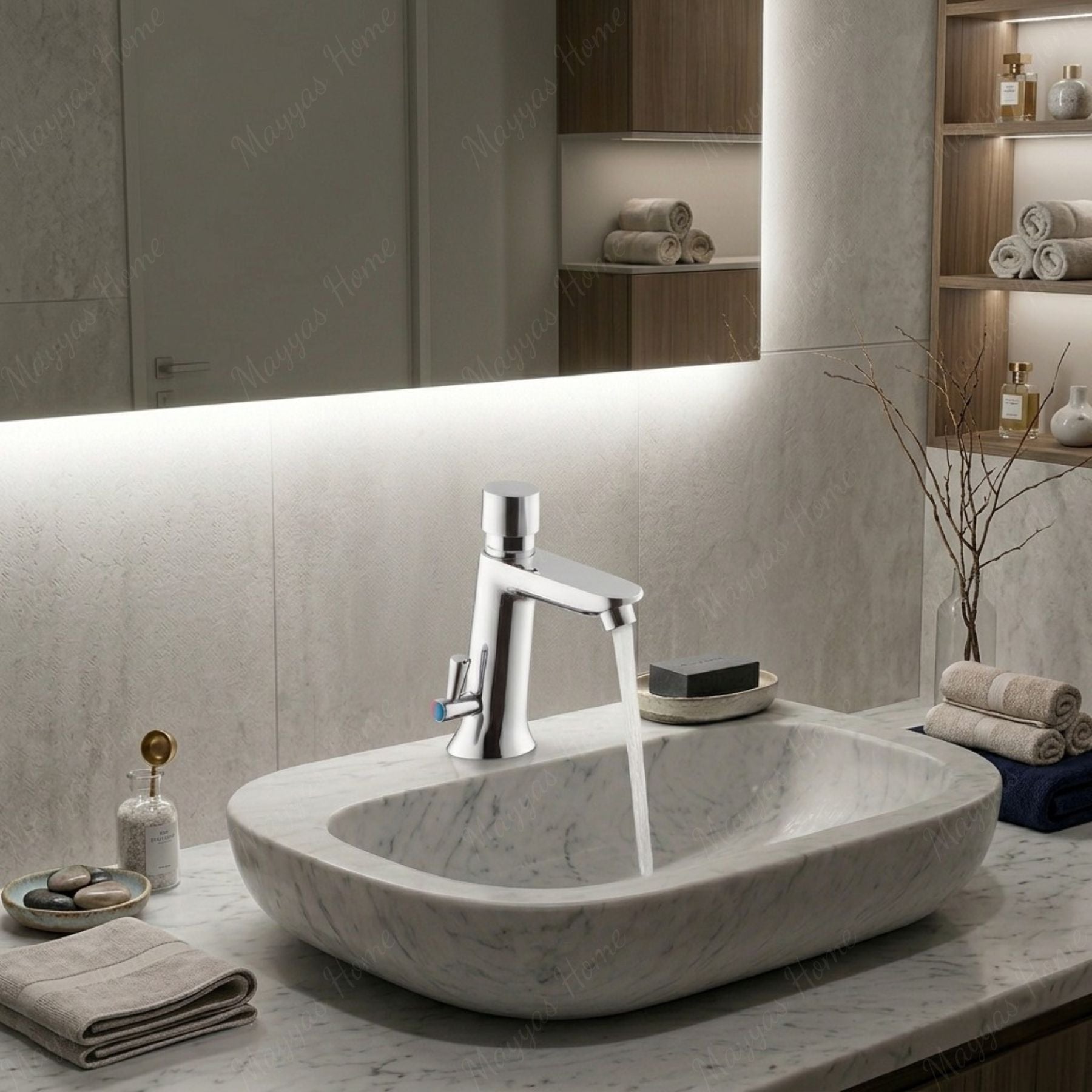 Timed washbasin mixer tap with push-button control, anti-vandal protection and water-saving performance. Ideal for UAE commercial and public washrooms.