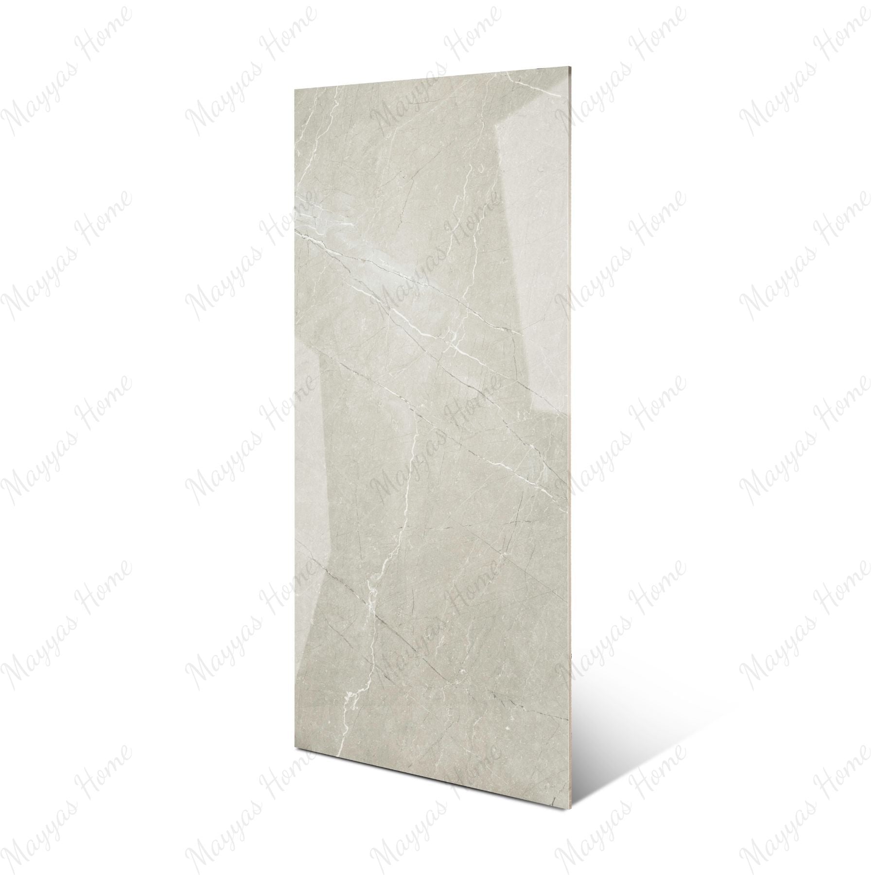 Toscana Grey glossy marble effect porcelain tile 60x120cm with 9mm thickness features soft grey tones, natural veining and polished finish.