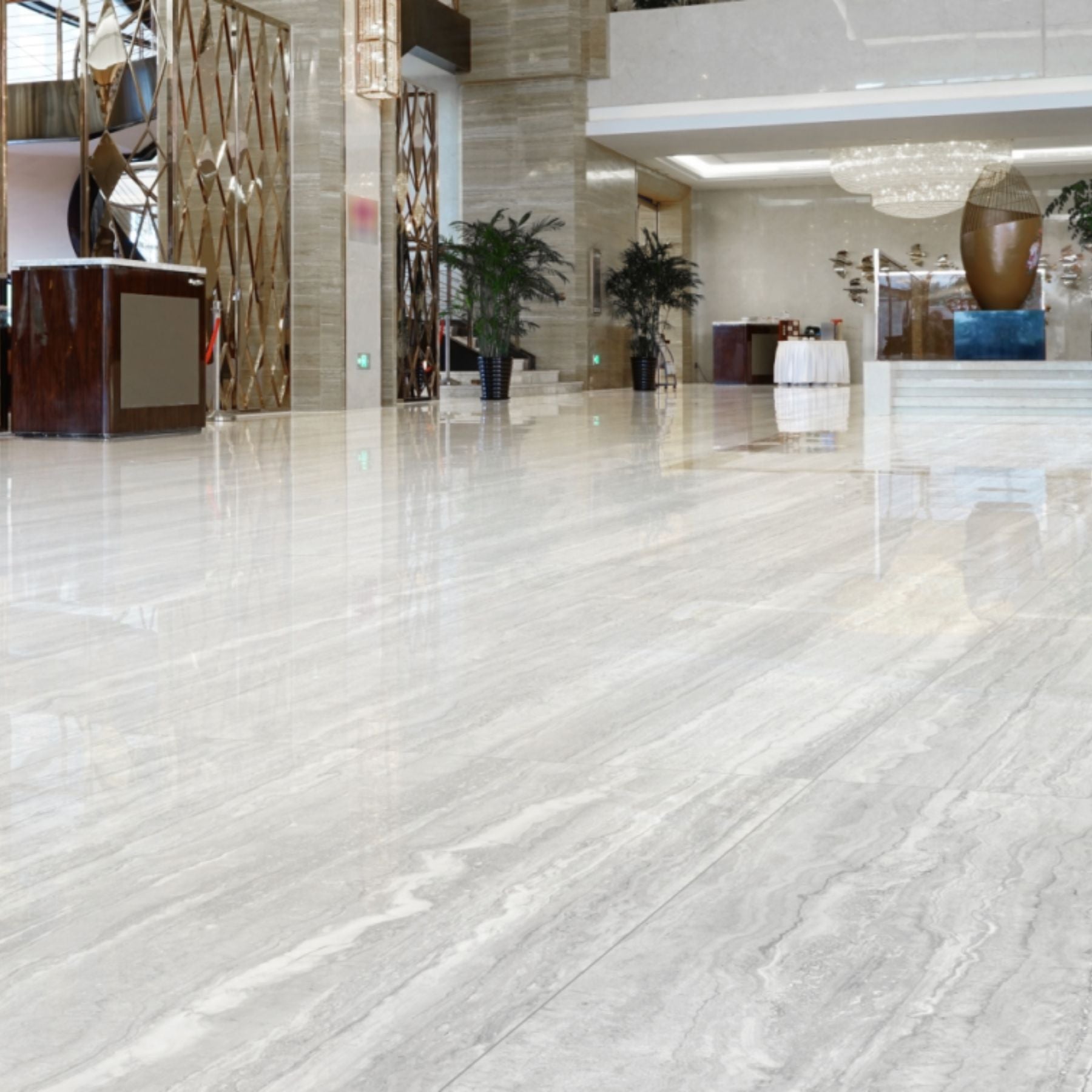 Traventino Ash polished porcelain slab in 120x280cm with 6mm thickness, offering a refined travertine look for premium floors, walls and luxury interiors.
