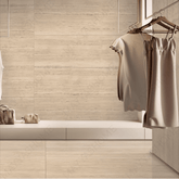 Travertine Beige 120x240cm glossy porcelain tile with warm stone look. Durable 9mm design for elegant floors and walls.