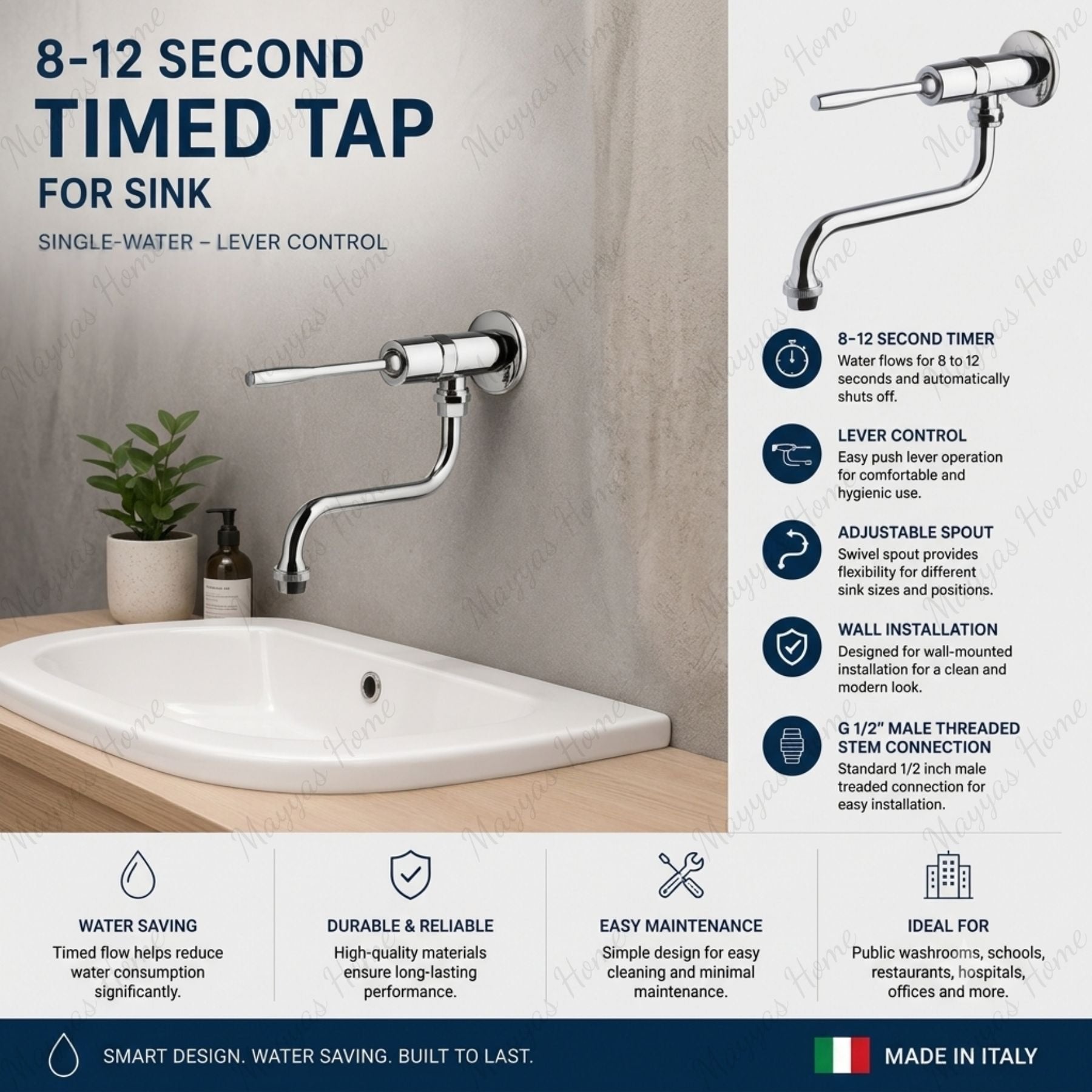Wall-mounted single-water timed sink tap with adjustable spout and lever control for healthcare, hospitality, commercial and public washrooms in the UAE.