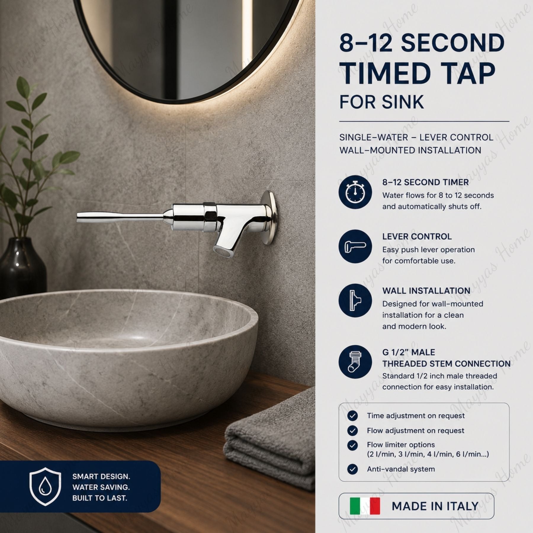 Wall-mounted single-water timed sink tap with lever control and automatic shut-off for healthcare, hospitality, educational and commercial washrooms in the UAE.