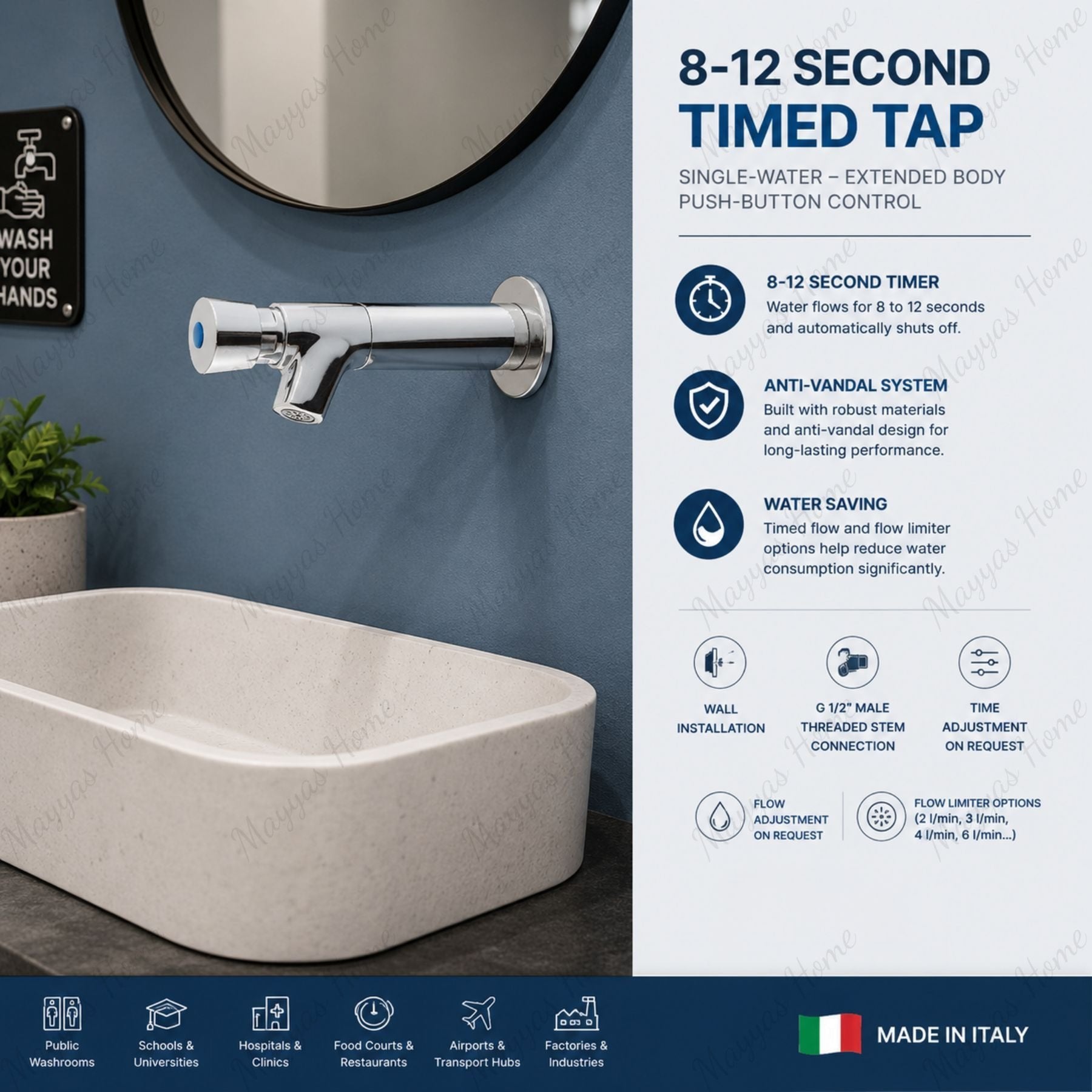 Wall-mounted single-water timed tap with extended body, push-button control and anti-vandal protection for commercial washrooms across the UAE today.