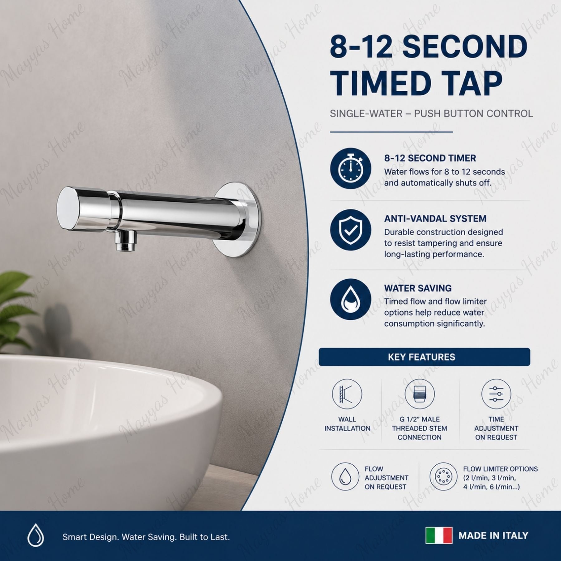 Wall-mounted single-water timed tap with push-button control, adjustable flow and anti-vandal protection for commercial and public washrooms across the UAE now.