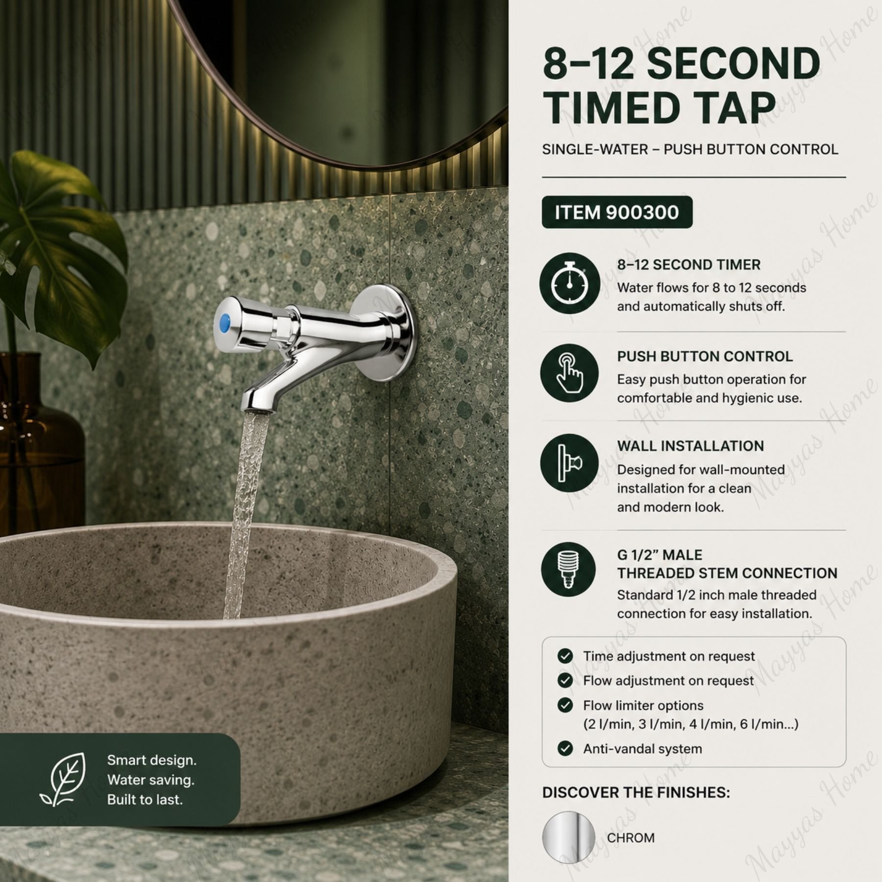 Wall-mounted single-water timed tap with push-button control, adjustable flow and anti-vandal protection for commercial, healthcare and public washrooms in UAE.