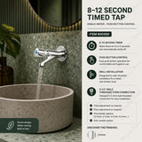 Wall-mounted single-water timed tap with push-button control, adjustable flow and anti-vandal protection for commercial, healthcare and public washrooms in UAE.