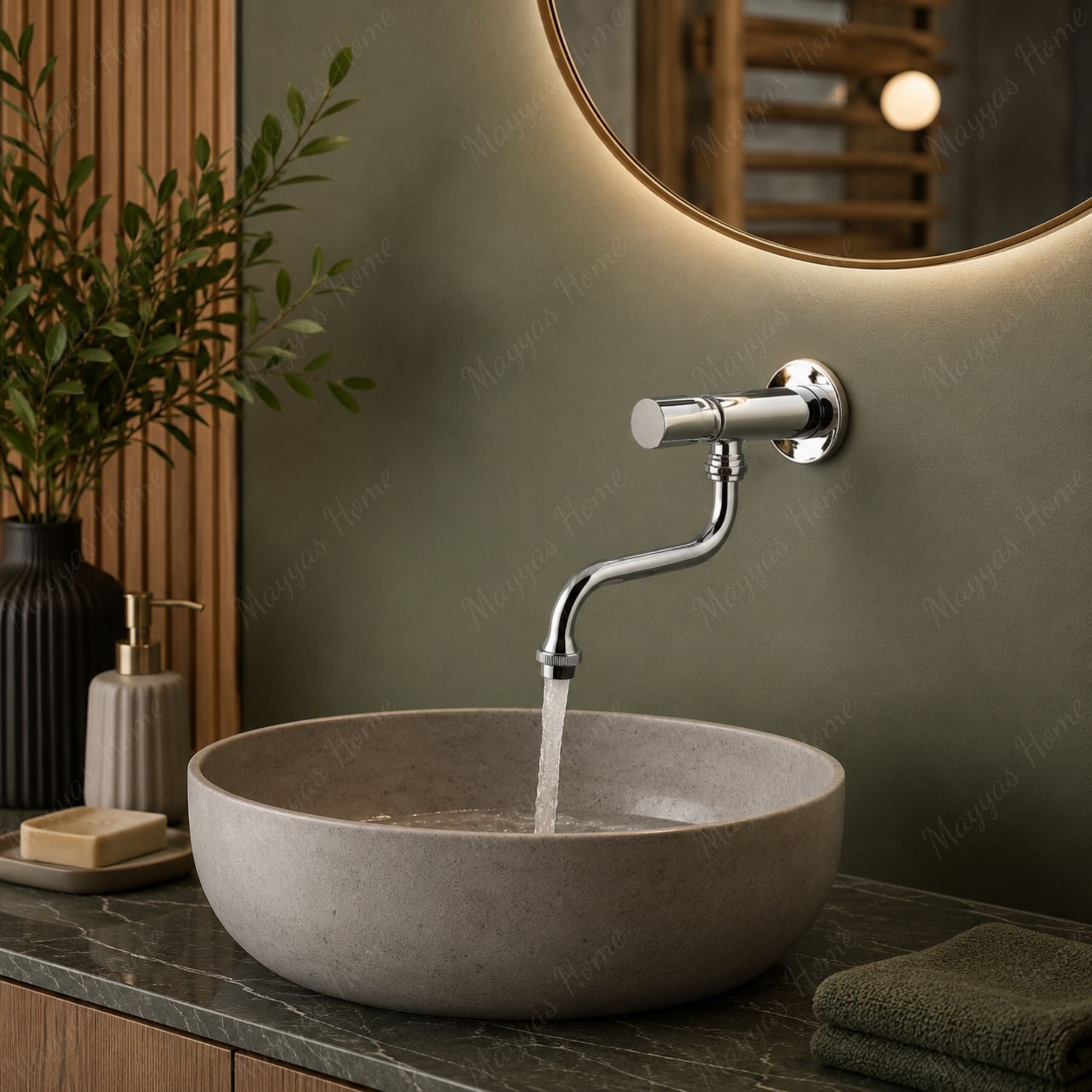 Wall-mounted single-water timed tap with swivel spout, push-button control, adjustable flow and anti-vandal protection for commercial and public washrooms.