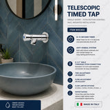Wall-mounted telescopic single-water tap with push-button control, timed shut-off and anti-vandal protection for UAE commercial washrooms.