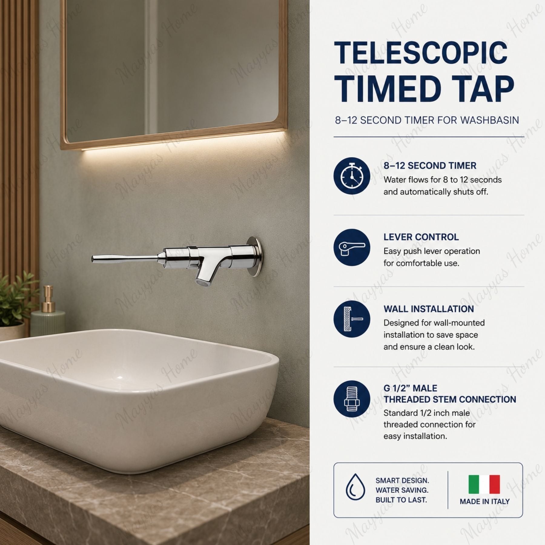 Wall-mounted telescopic single-water washbasin tap with timed shut-off and lever control for healthcare, hospitality and commercial washrooms in UAE.