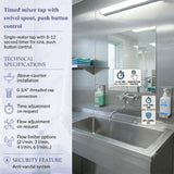 Wall-mounted timed mixer tap with swivel spout, push-button control, anti-vandal protection and adjustable flow settings for UAE washrooms.