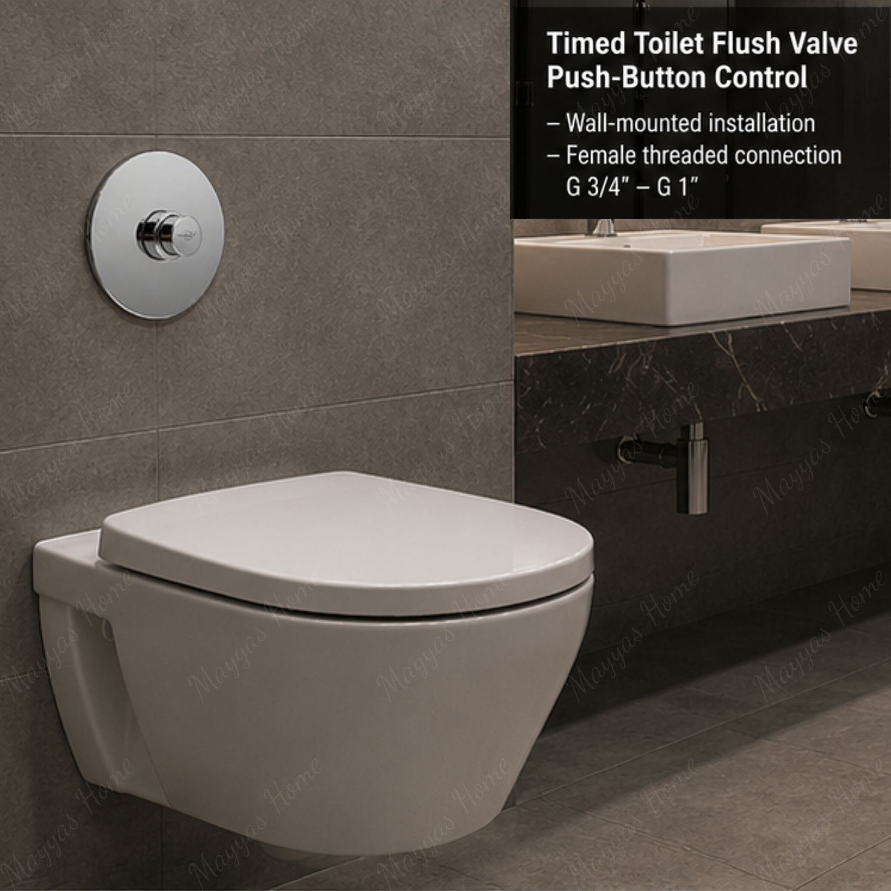 Wall-mounted timed toilet flush valve with push-button control and G 3/4” to G 1” female threaded connection. Ideal for UAE commercial, healthcare and public washrooms.