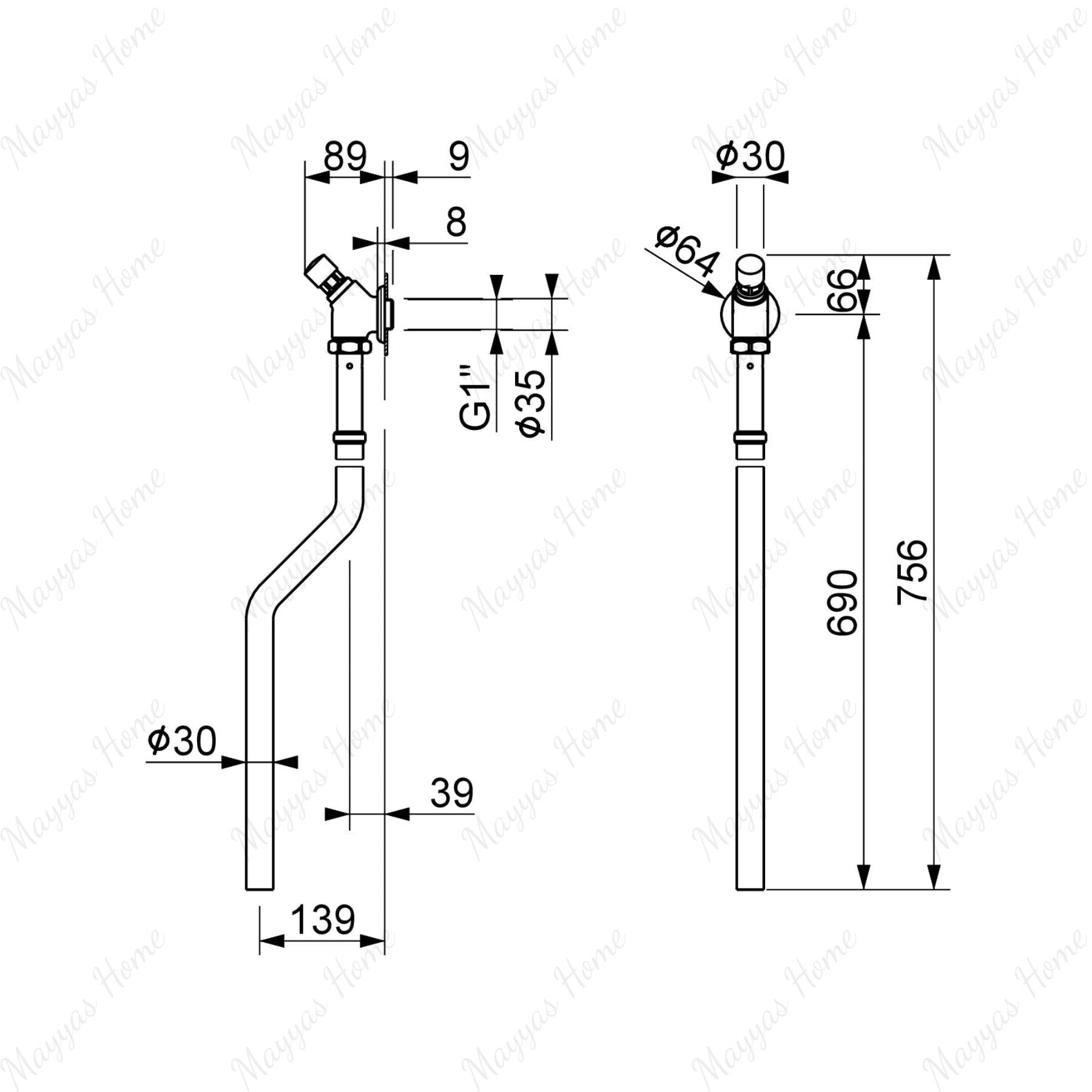 Wall-mounted toilet flush valve with push-button timer control, shaped drain pipe and G 1” female threaded spigot connection. Ideal for UAE commercial and public washrooms.