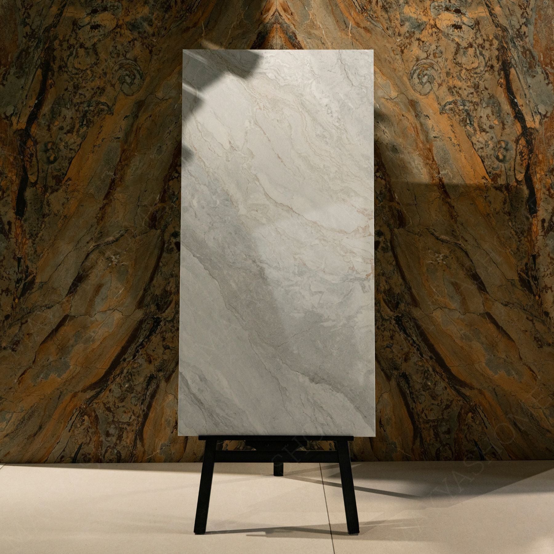 Wazti White glossy marble effect porcelain tile 60x120cm with 9mm thickness features bright white base, subtle veining and polished finish.