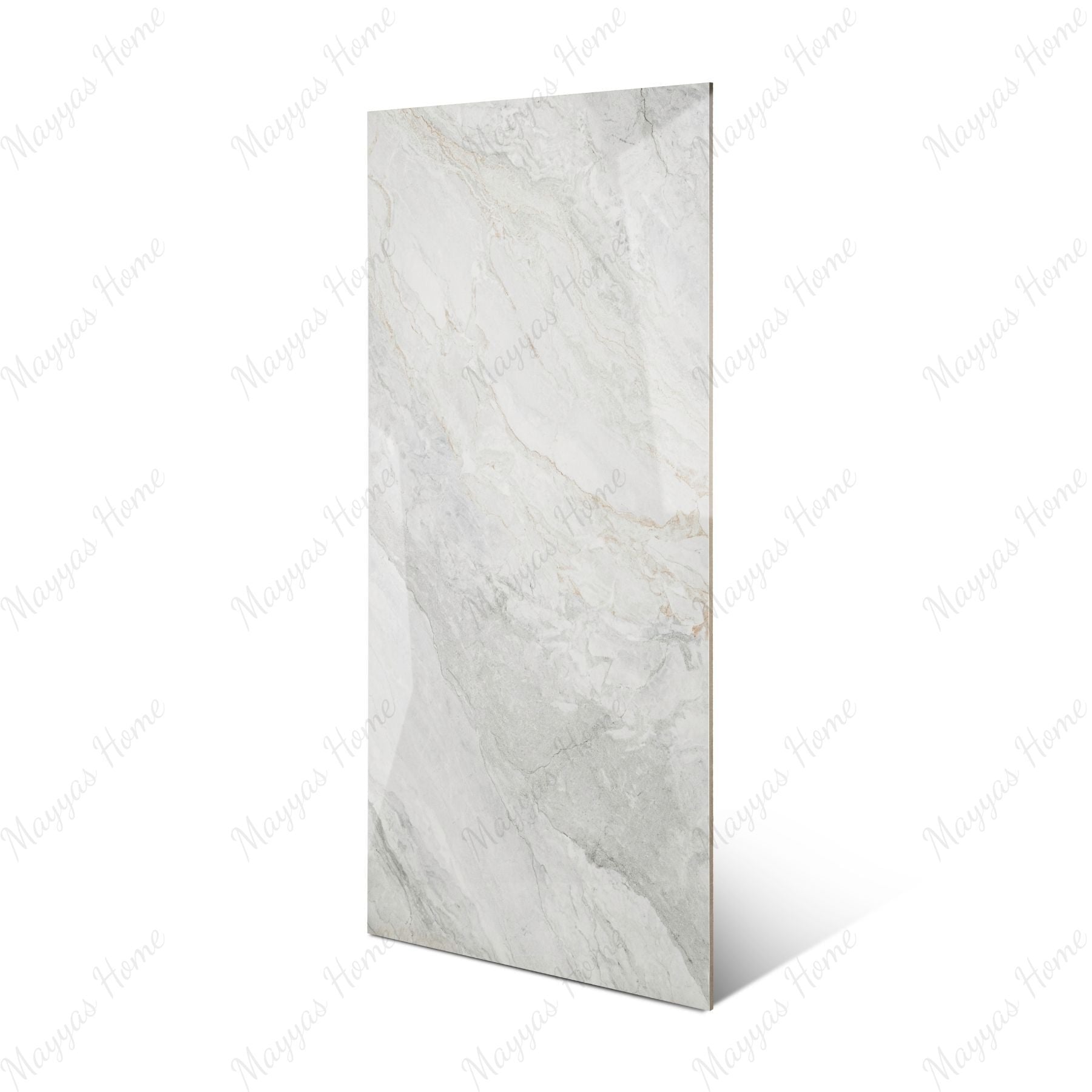 Wazti White glossy marble effect porcelain tile 60x120cm with 9mm thickness features bright white base, subtle veining and polished finish.
