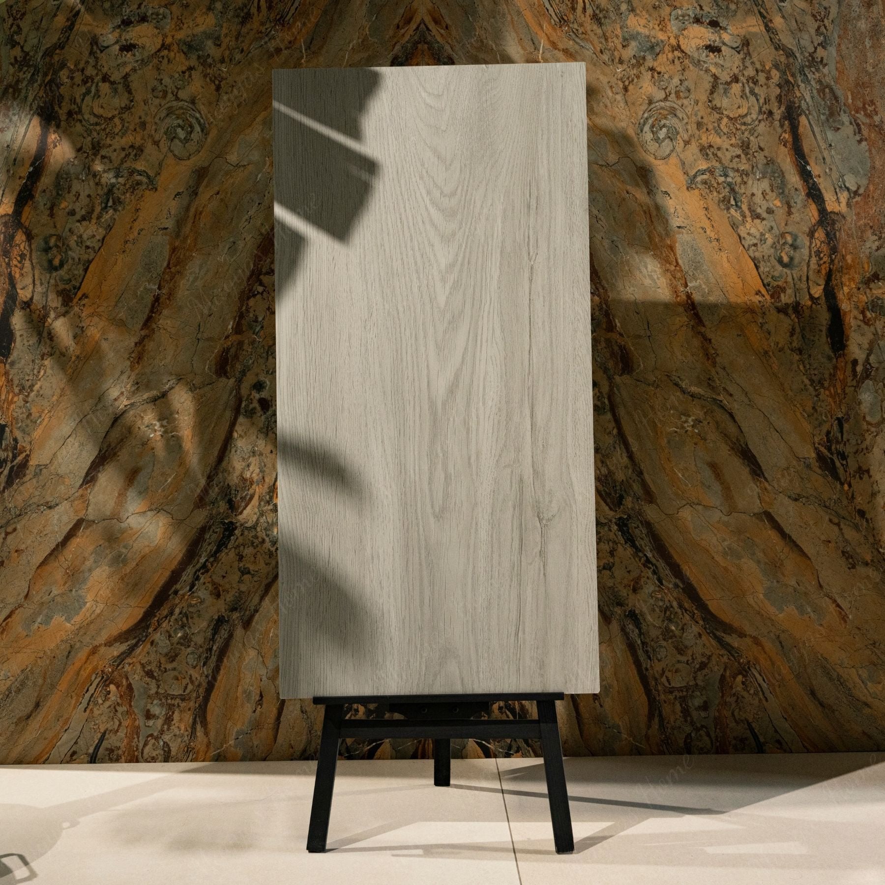 Wood Grey porcelain tile 60×120cm features soft grey wood tones with a realistic grain texture, durable porcelain body ideal for floors and walls.