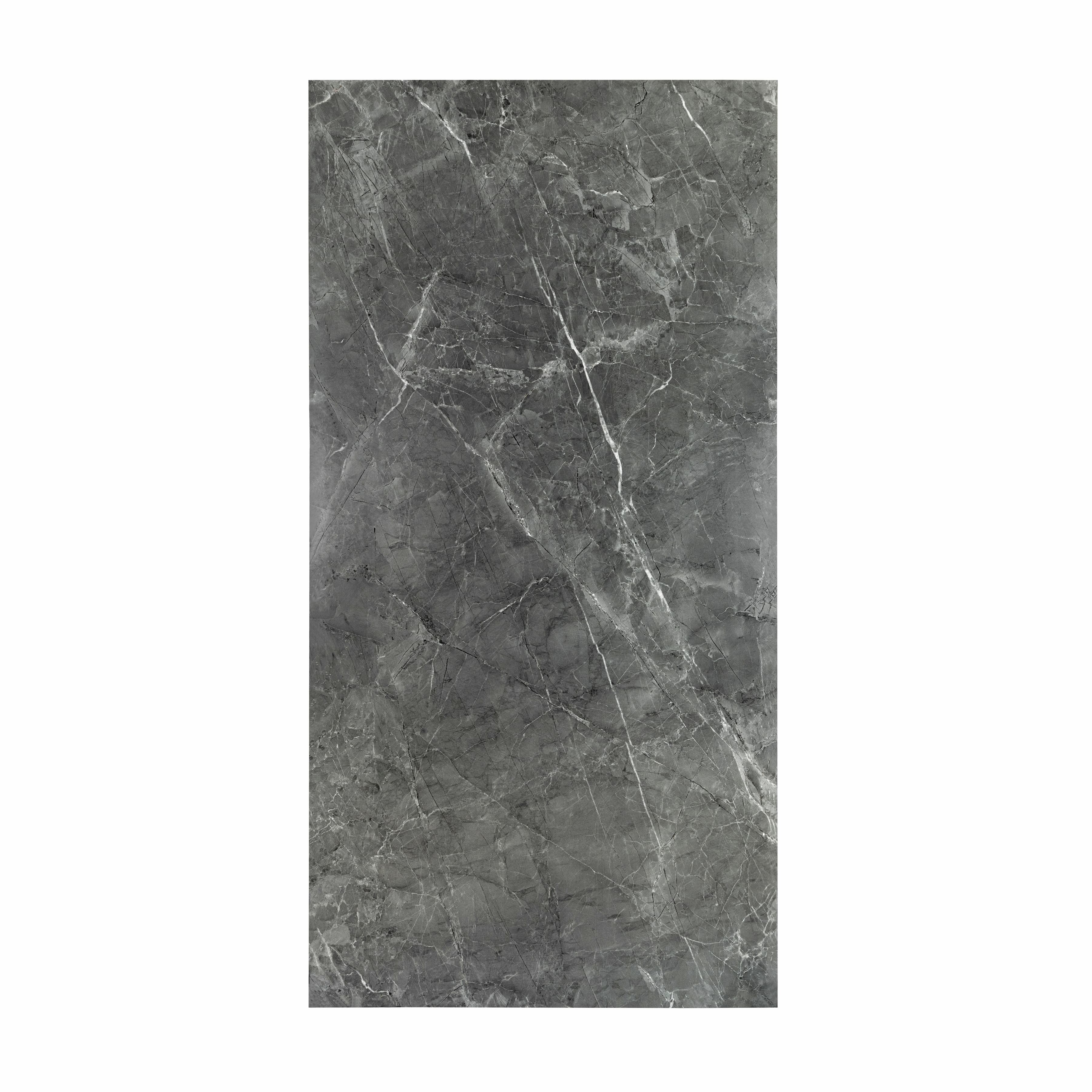 Atlanta Black porcelain slab flat view showing deep charcoal grey marble surface with bold white veining and natural marble movement for UAE interior design
