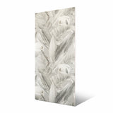 Sage Fog Matte large format porcelain slab angled view highlighting matte finish, painterly foliage decor with white blooms, and rectified edges