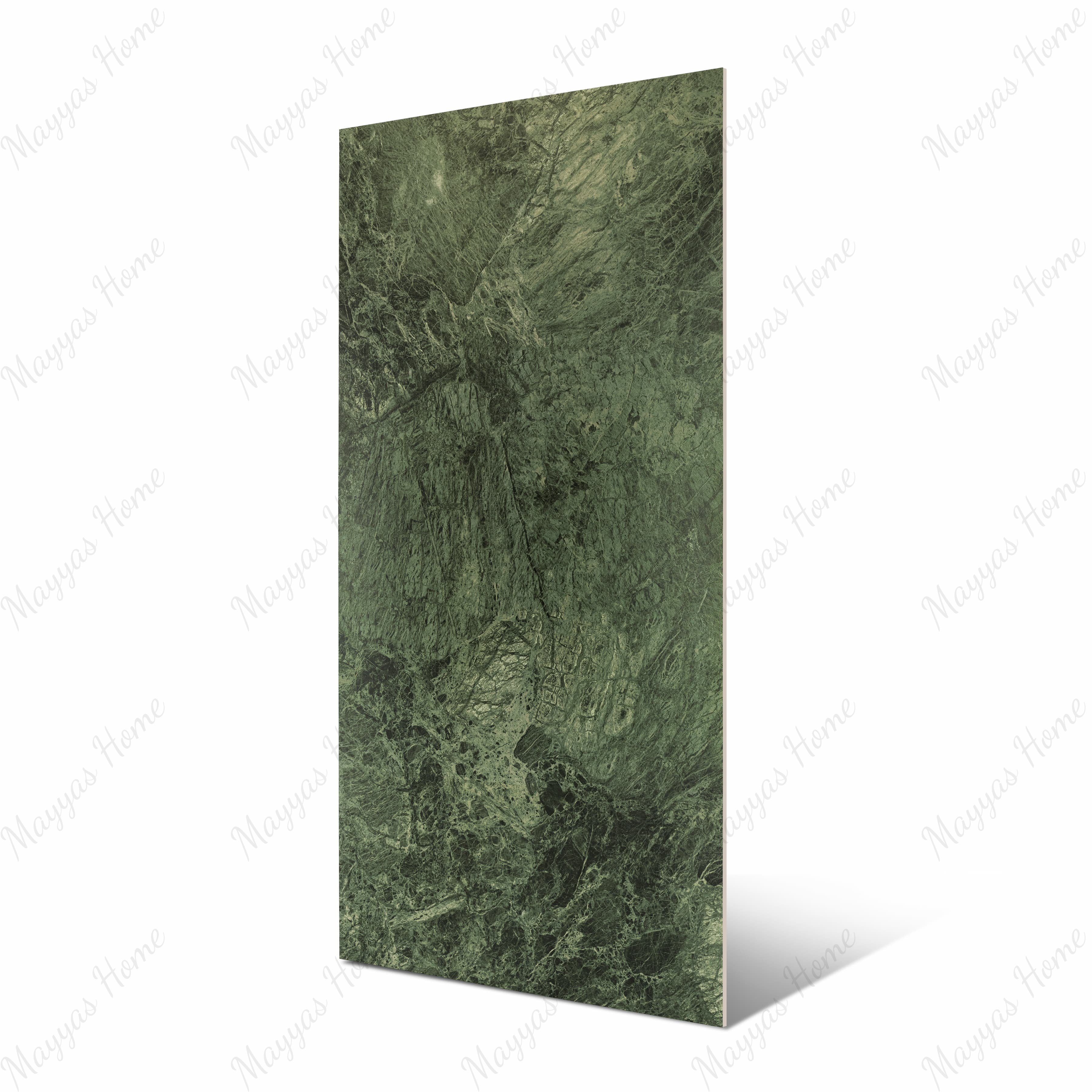 Bidasar Excel large format porcelain slab angled view highlighting polished green marble finish, dramatic Bidasar veining, and rectified edges