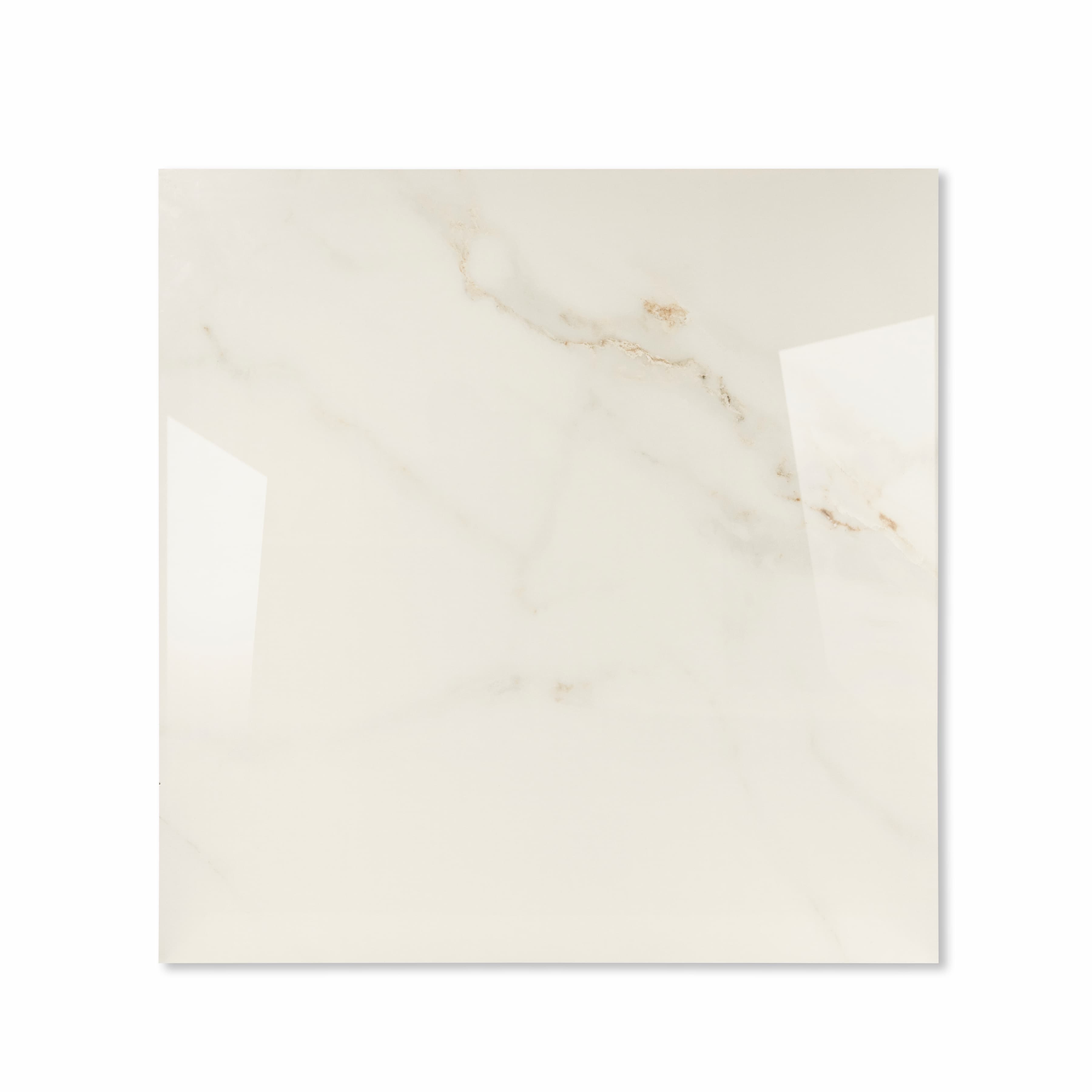 Cecelia Gold glossy porcelain tile 120x120cm displayed on easel against luxury marble backdrop for UAE interior design