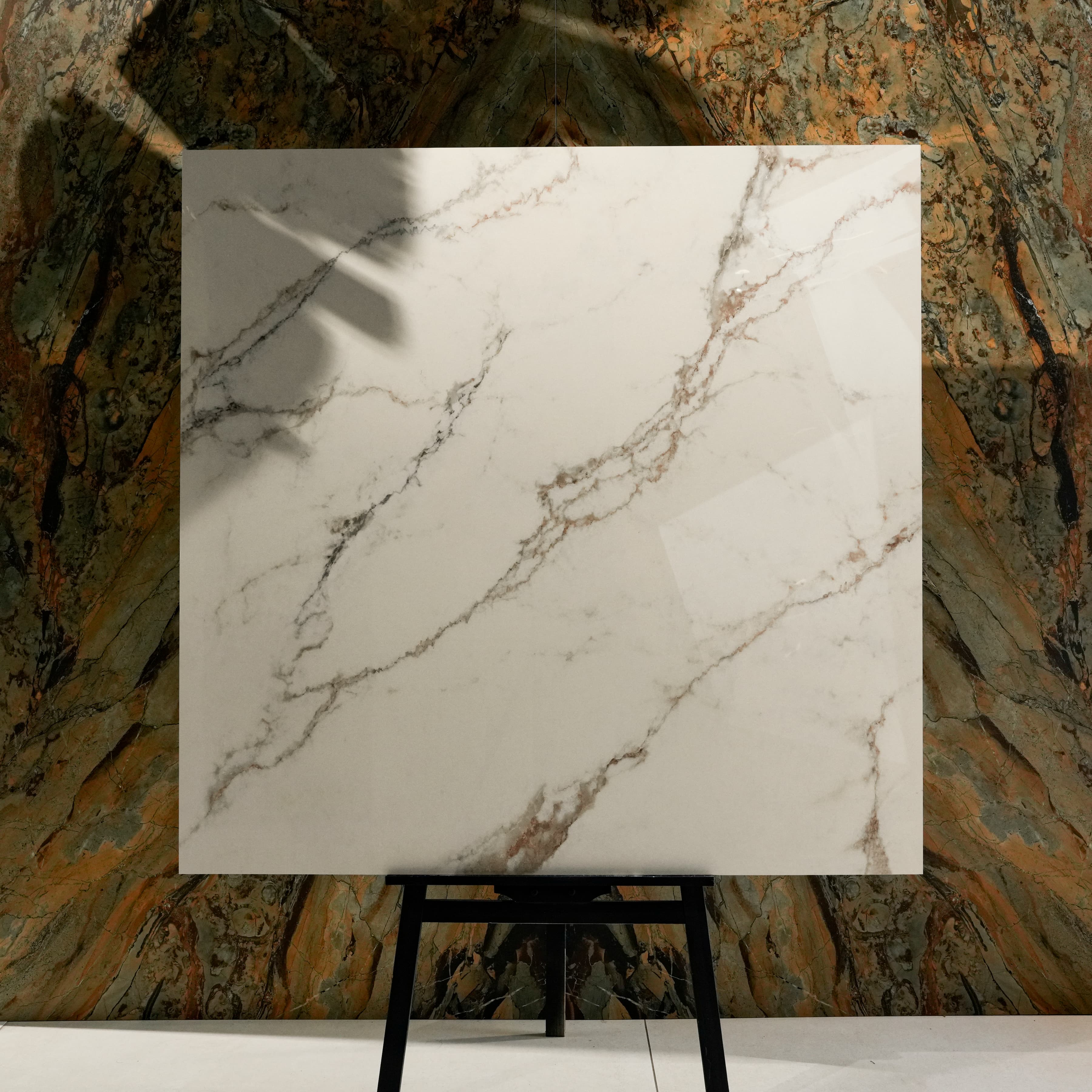 Signora 120x120cm glossy porcelain tile flat view showing ivory marble surface with dramatic gold and grey veining