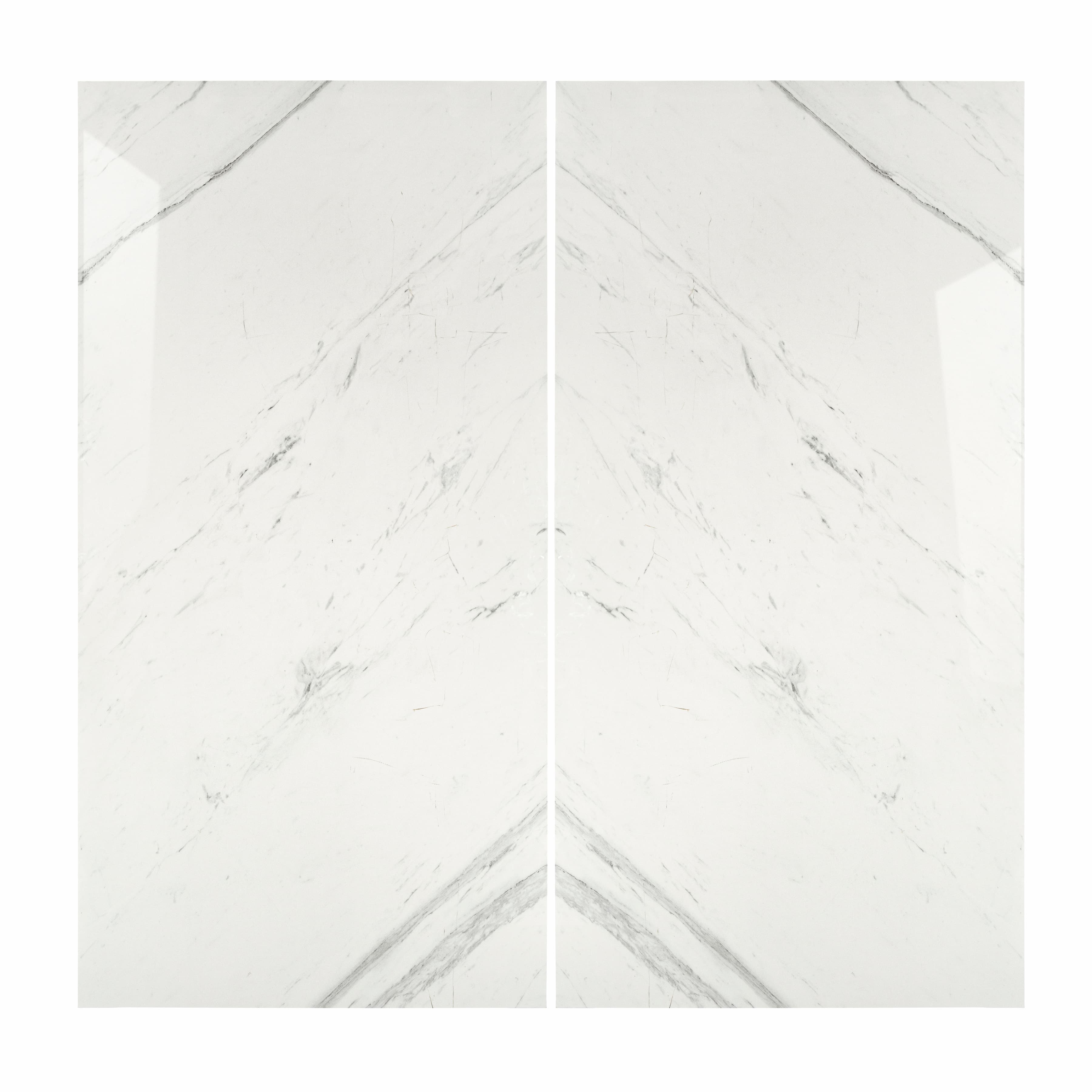 Statuario Platina BM porcelain slab flat view showing pure white statuario marble surface with bold diagonal grey veins and subtle wispy detailing