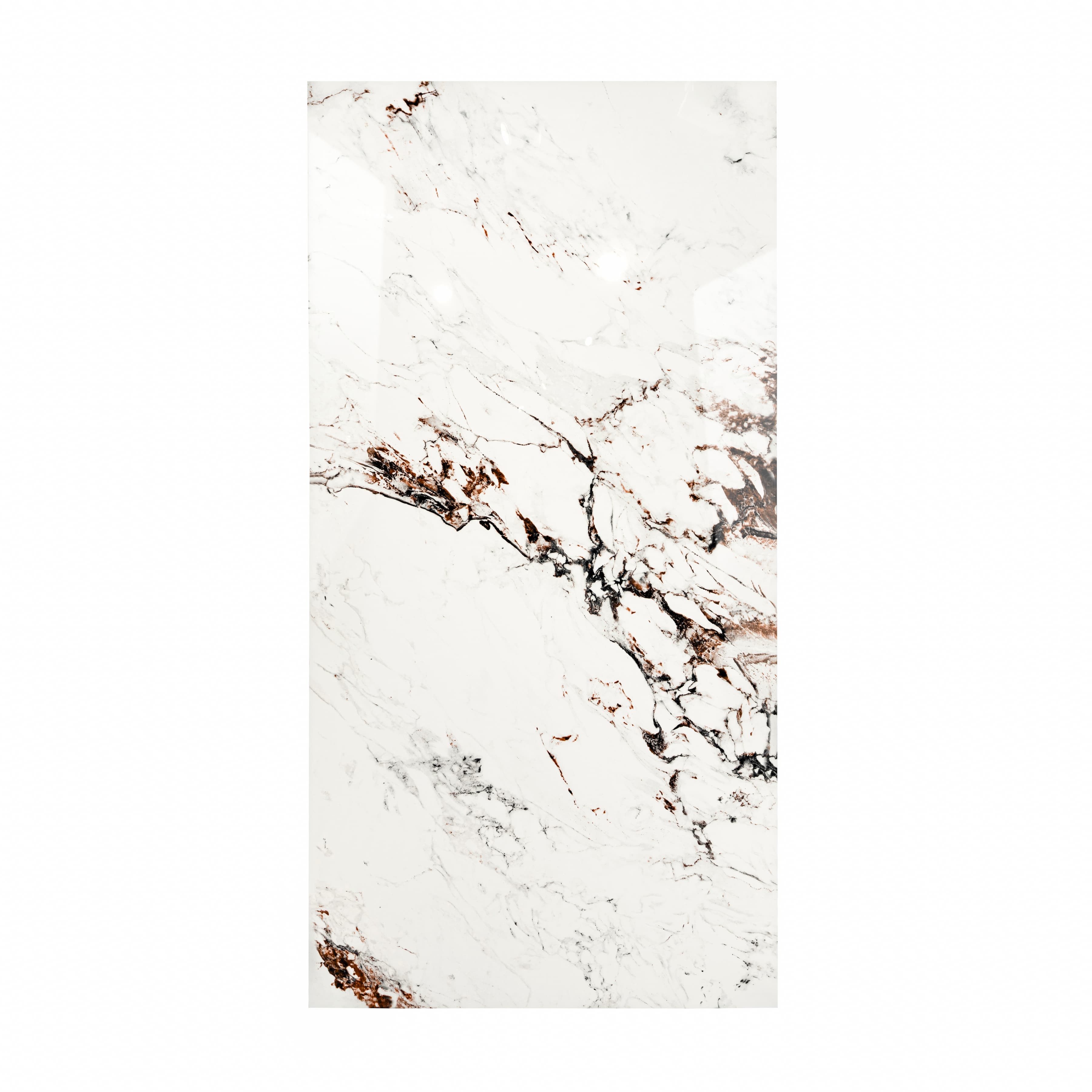 Statuario Rena 120x240cm glossy tile with grey veining on a white base. Durable and elegant, perfect for walls, floors, and modern luxury interiors.